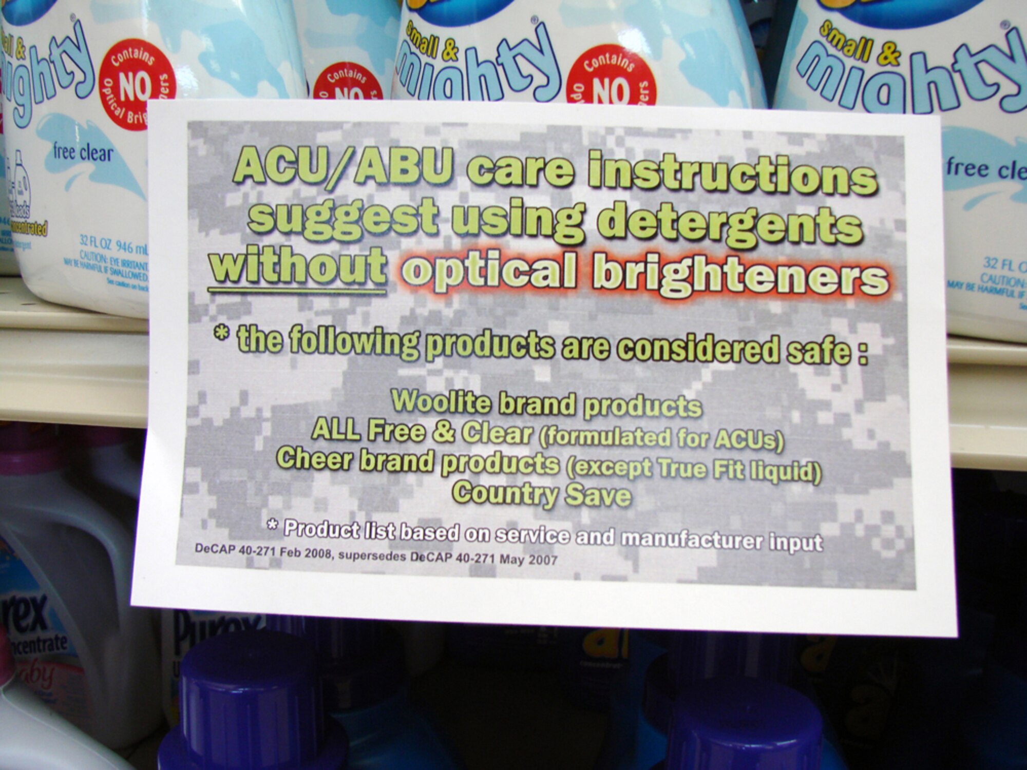 The Vance Commissary posted signs indicating detergents containing no optical brighteners that are approved for Airman Battle Uniform laundering.  (U.S. Air Force photo by Tech. Sgt. Mary Davis)                               