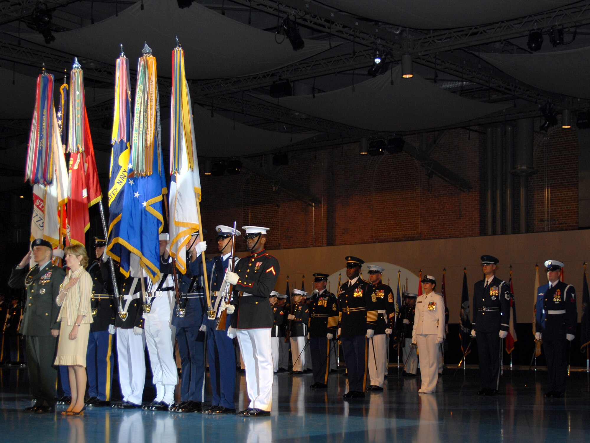 FT. MEYER, Va. - The Air Force Honor Guard participated in a historic ceremony April 25 during the retirement of the first senior enlisted advisor to the chairman of the joint chiefs of staff Sergeant Major William Gainey.  The ceremony, held in Conmy Hall, was the first to be performed entirely by enlisted members of each service's honor guard.  (U.S. Air Force Photo by Staff Sgt. Madelyn Waychoff)