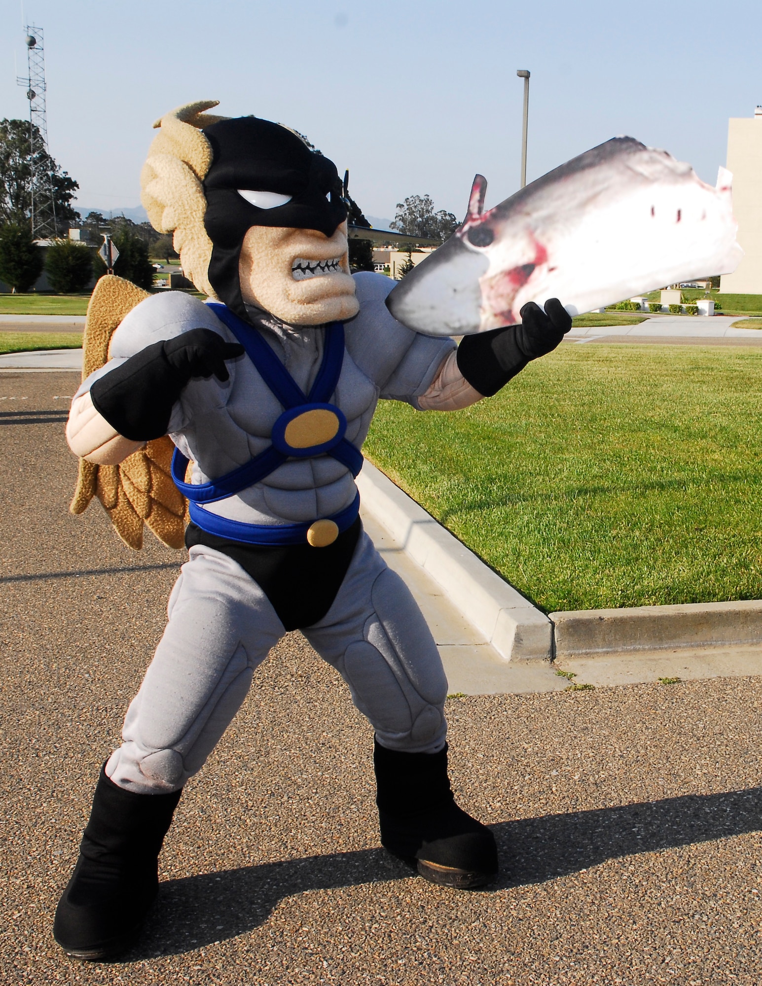 VANDENBERG AIR FORCE BASE, Calif. --  Hawkman "has a chat" with his arch-nemisis, The Shark. Hawkman will accompany the Guardian Challenge team to the score posting May 7-10 at Peterson Air Force Base, Colo. (U.S. Air Force photo/Airman 1st Class Ashley Reed)