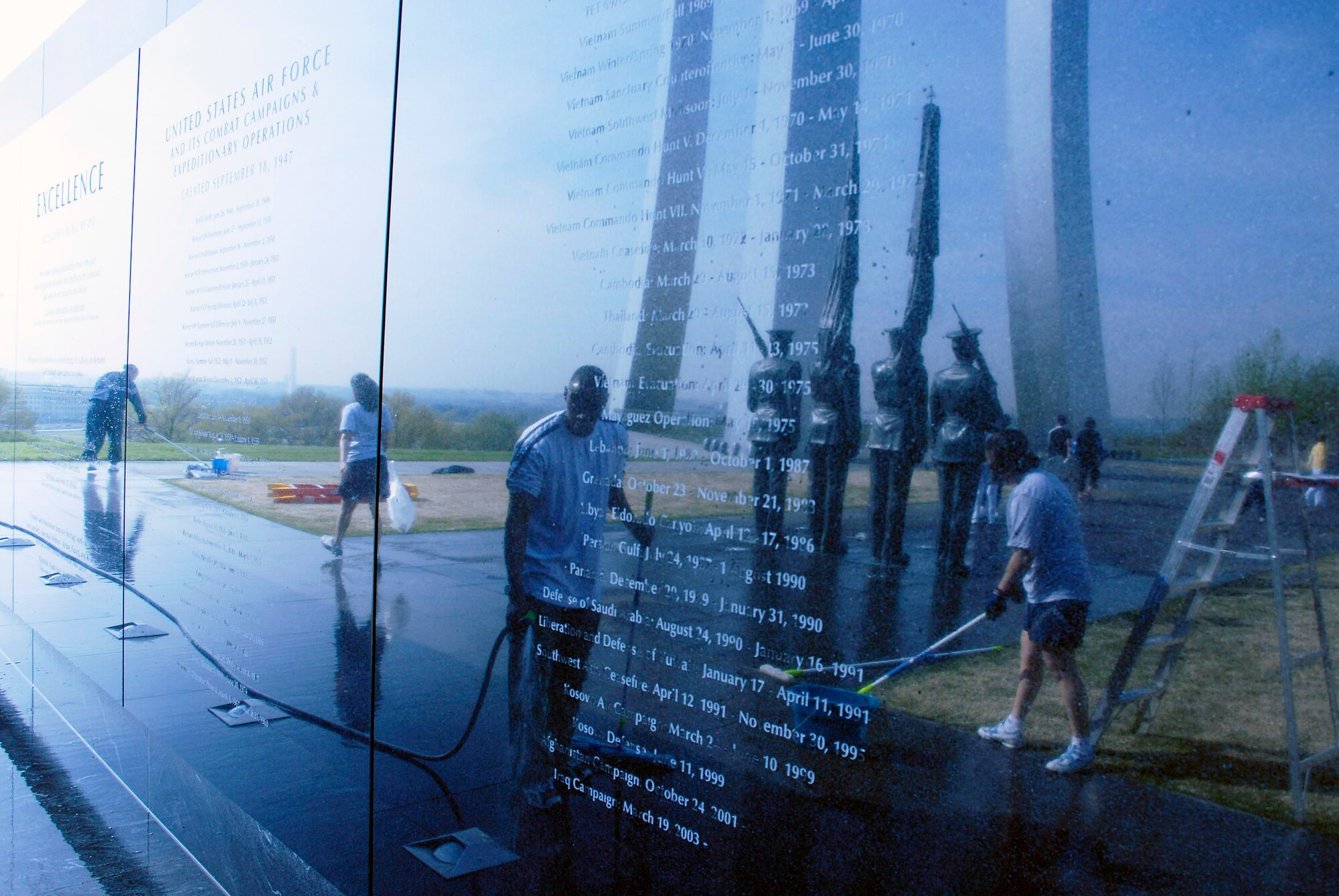 More than 50 volunteers from Air Force Sergeants Association Chapter 300 in Washington D.C. gathered on the grounds of the Air Force Memorial April 19 to help spruce up the site. Dedicated on Oct., 14, 2006, the memorial honors the service and sacrifice of the men and women of the United States Air Force and its predecessor organizations.  The wall bears the inscriptions of combat campaigns and expeditionary operations and contains the words of Air Force leaders that relate to the service's core values of Integrity First, Service Before Self and Excellence in All We Do. The memorial is located just outside the nation's capital in Arlington, Va., adjacent to Arlington National Cemetery and overlooking the Pentagon.  (U.S. Air Force photo/Senior Master Sgt. Matt Proietti)