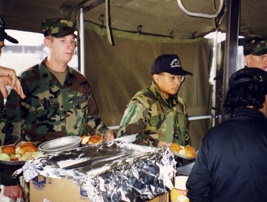 As a college student in the late '90s and a member of AFROTC Det. 845 at Texas Christian University in Fort Worth, Texas, then Cadet Travis Hatley (left) was one of many cadets who accompanied the 301st Civil Engineer Squadron on a four-day bivouac to Holloman AFB, N.M. Cadet Hatley became an officer and nearly a decade later, joined the 301st Fighter Wing as part of the 73rd Aerial Port Squadron as an Air Force Reservist. (U.S. Air Force Photo)
