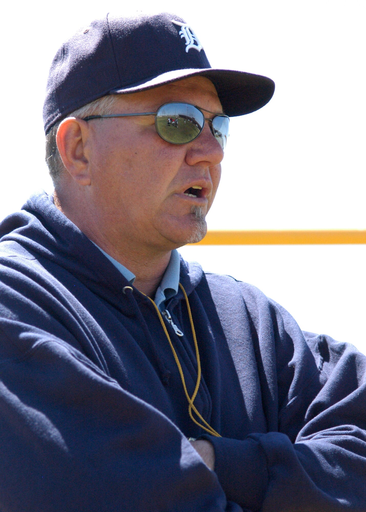 Coach Kim Mitchell of the 49th Civil Engineering Squadron motivates his players during practice on April 12 2008 in Alamogordo, N.M.   