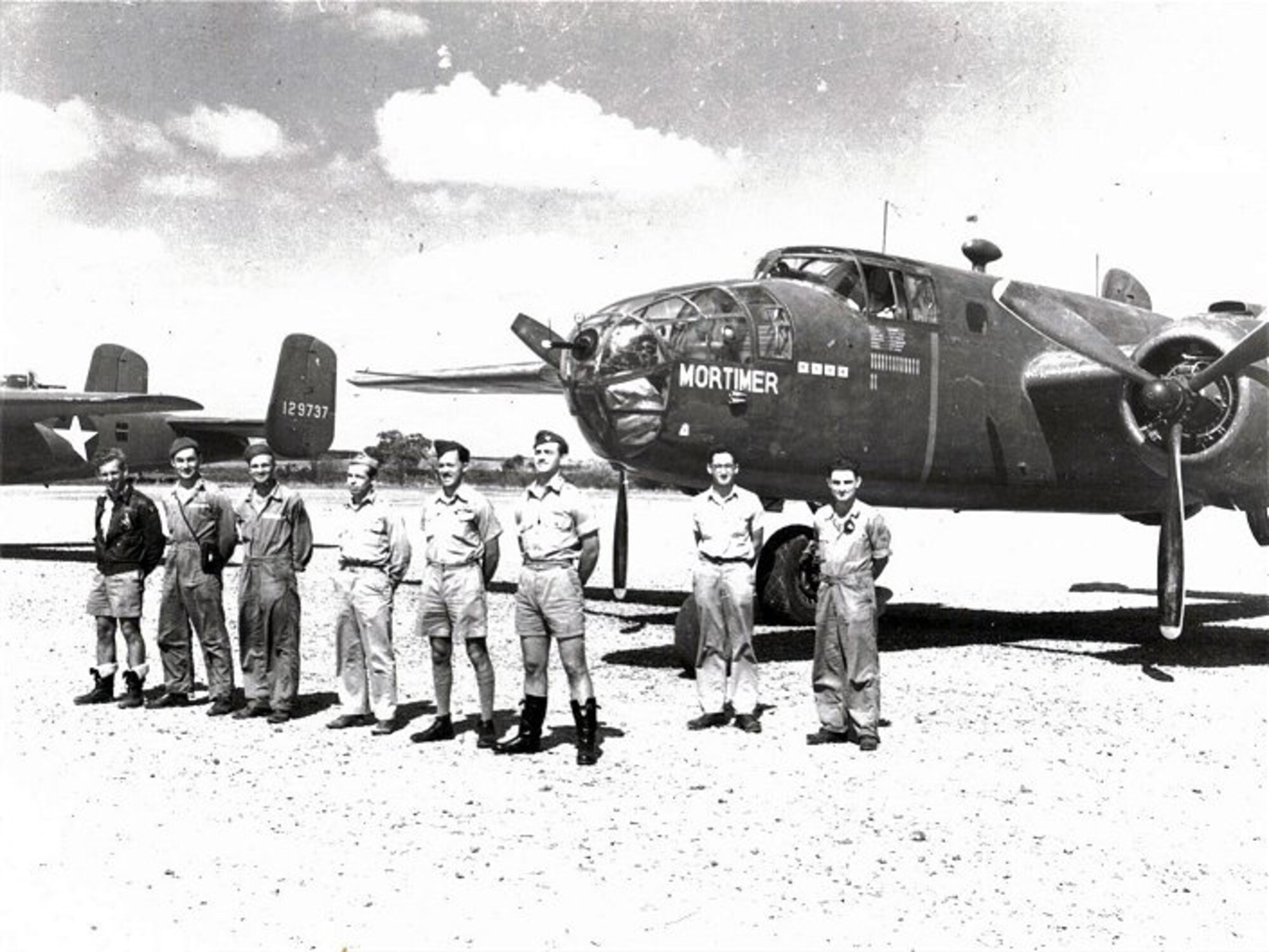 B-25C Mitchell, tail number 41-12443, known as "Mortimer" flew 15
missions from Charters Towers and the crew was credited with shooting down
12 Japanese aircraft. (Photo courtesy of 3rd Wing History Office)