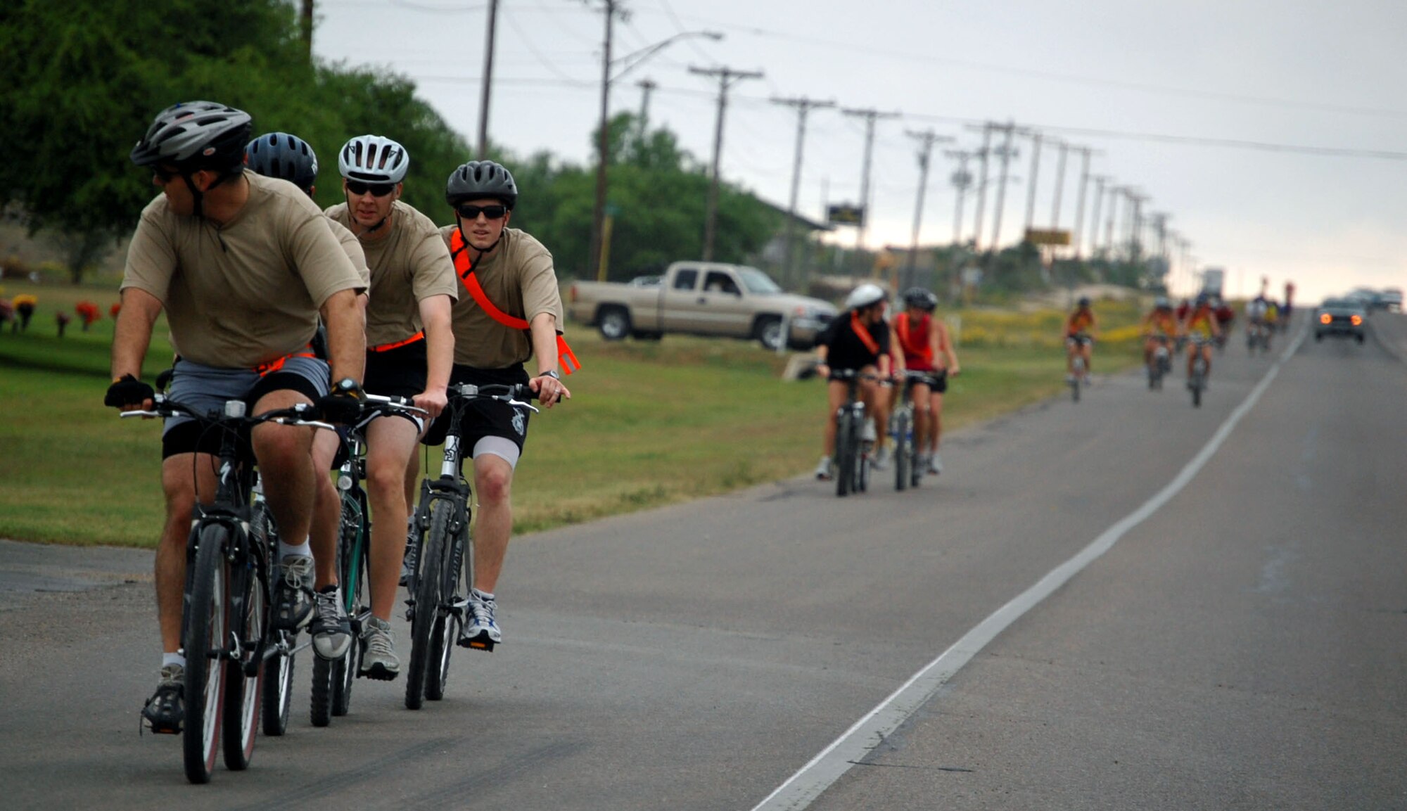 LAUGHLIN AIR FORCE BASE, Texas – The Super Troopers, a team from the 47th Security Forces Squadron, lead a long line of bikers in the beginning of Laughlin’s fourth annual Adventure Race April 26. The race consisted of 26-miles of biking, eight miles of running and 2 miles of rafting that started here and ended at Lake Amistad in Del Rio Texas. (U.S. Air Force photo by Airman 1st Class Sara Csurilla)