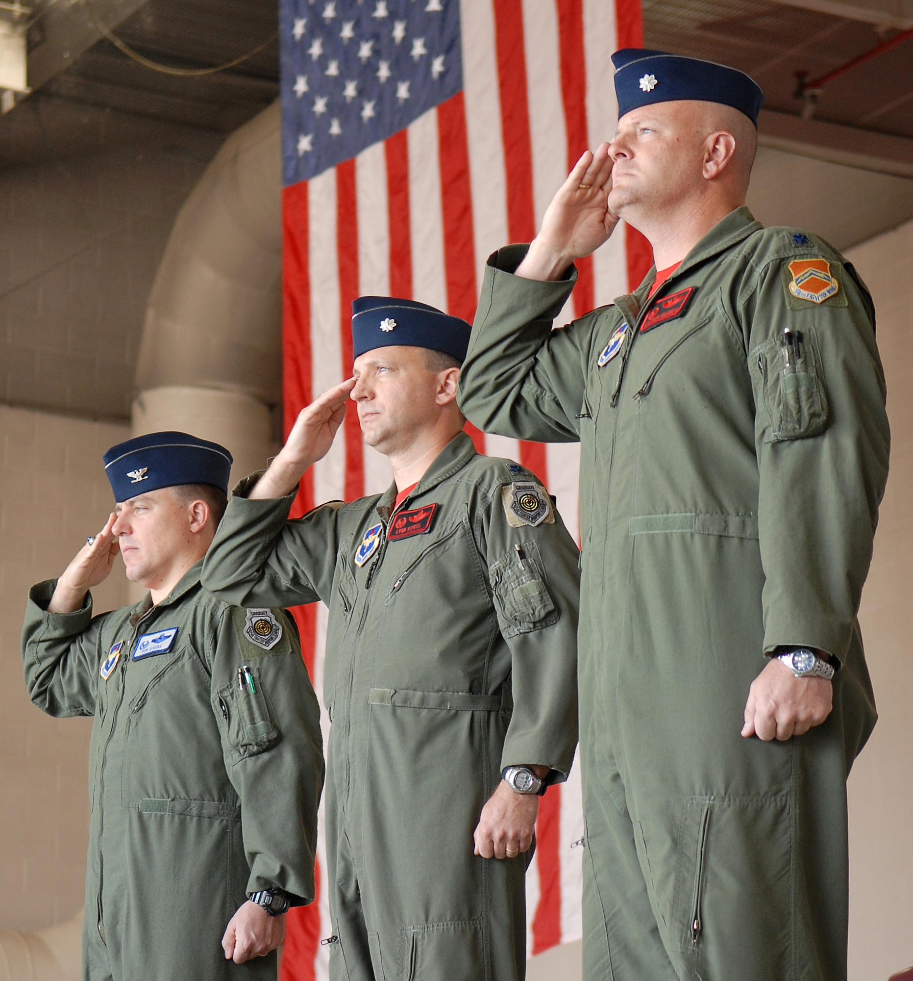 Col. Robert Givens, 56th Operations Group commander, officiated the 425th FS change of command ceremony where Lt. Col. Lynn Scheel relinquished command to Lt. Col. Stephen Granger April 25. (U.S. Air Force photo by SSgt. Jerry Fleshman) 