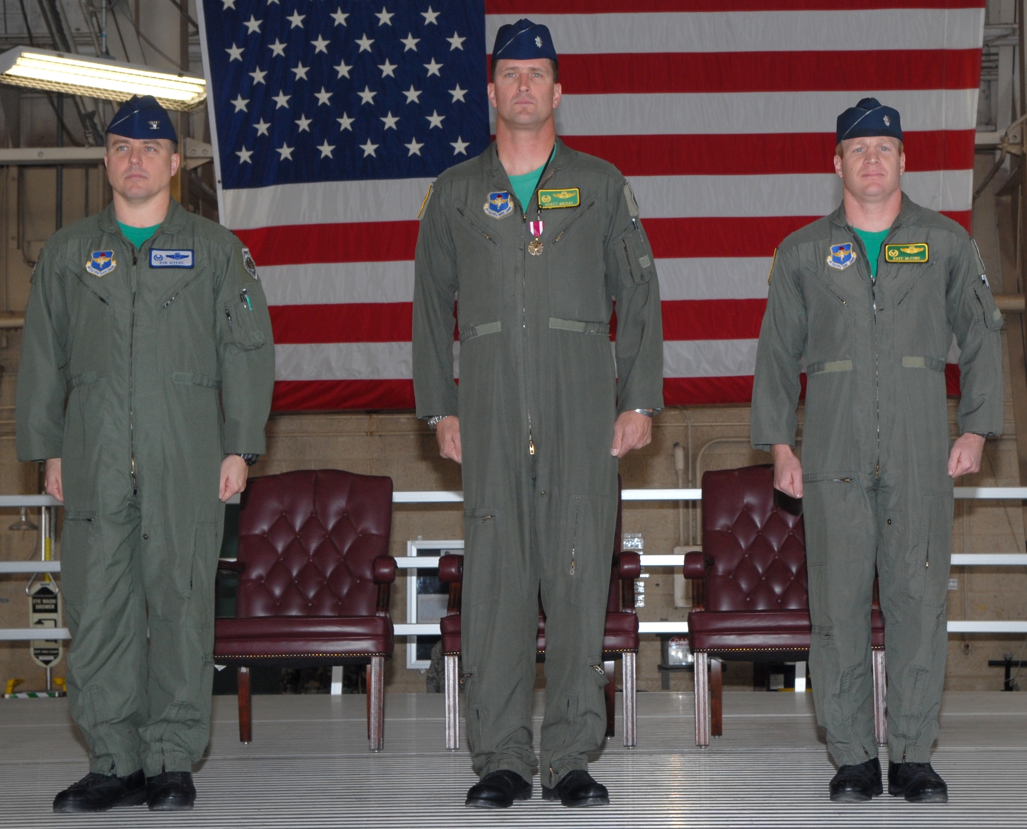 Col. Robert Givens, 56th Operations Group commander, officiated the 310th FS change of command ceremony April 24. Lt. Col. Scott Gierat, 310th FS commander, relinquished command to Lt. Col. James McCune. (Air Force photo by SSgt. Jerry Fleshman)