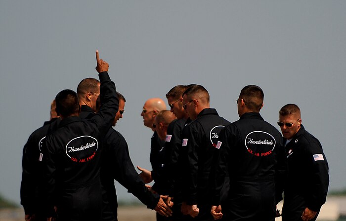 The Air Force Thunderbirds crew chiefs conclude their ground performance during the 2008 "Wings Over Charleston" Air Expo at Charleston AFB April 26. (U.S. Air Force photo/Senior Airman Nicholas Pilch)