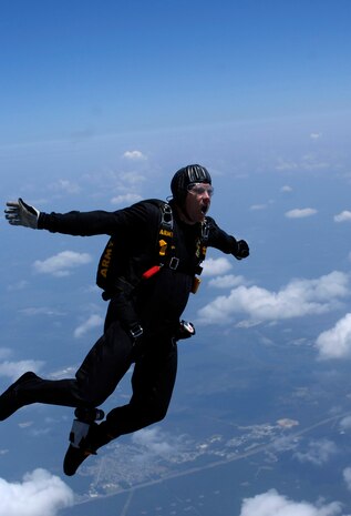 A member of the Army Golden Knights Parachute Team performs a freefall jump during the 2008 "Wings Over Charleston" Air Expo April 26. (U.S. Air Force photo/Staff Sgt. James Harper Jr.) 
