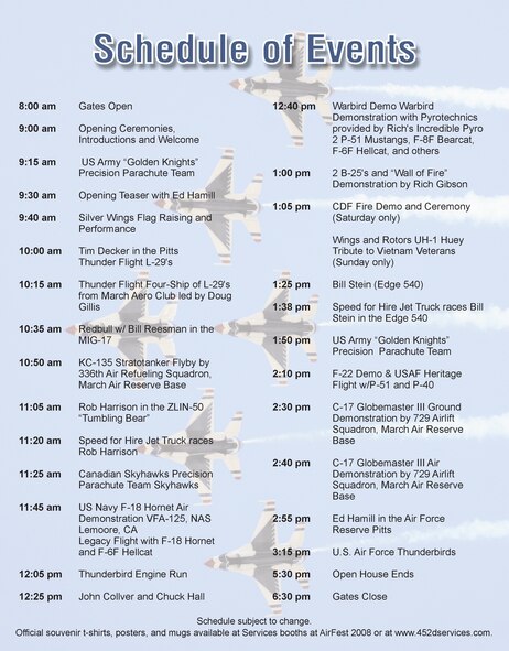 Air Fest '08 flying schedule for Saturday and Sunday