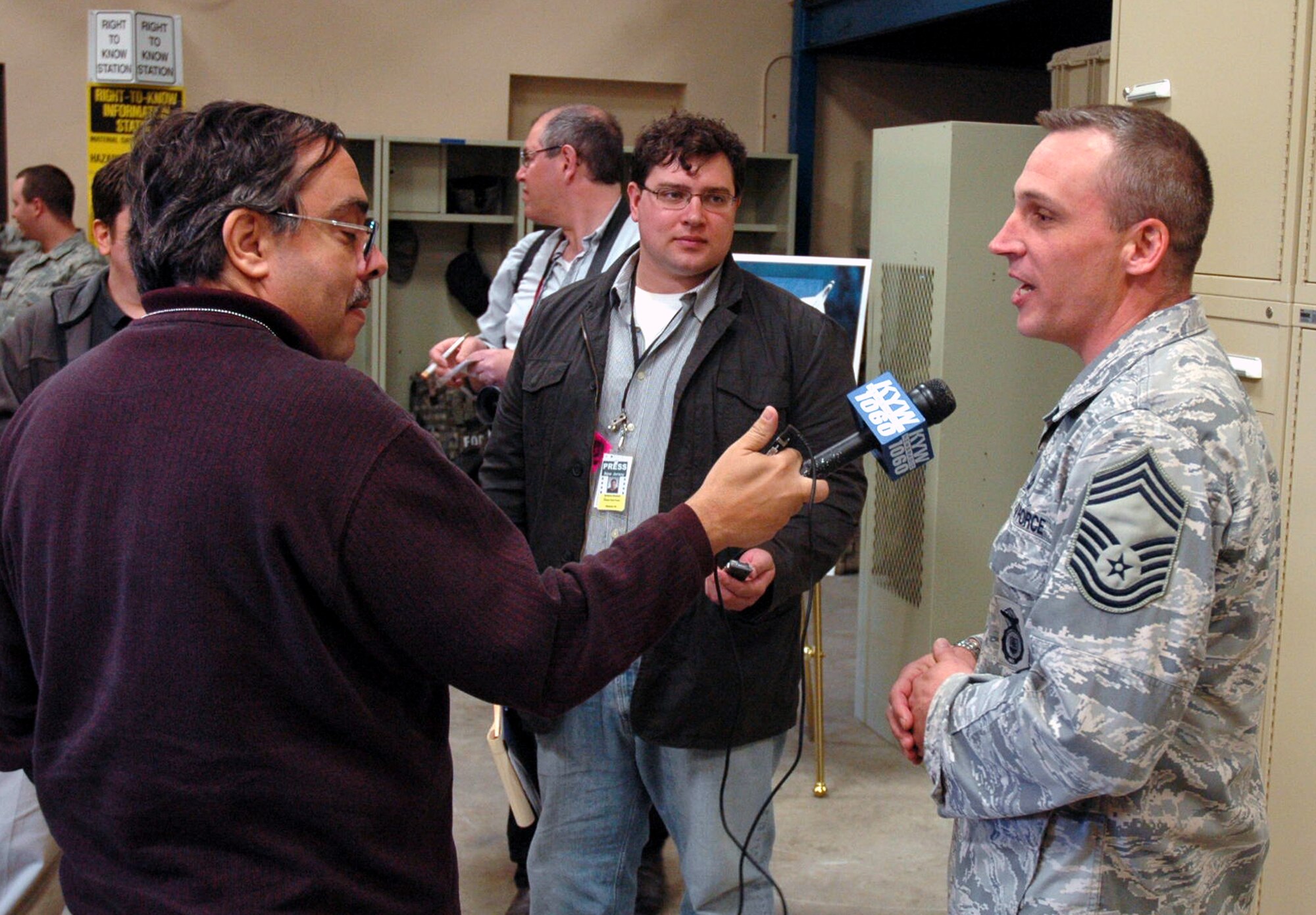 Reporter David Madden from KYW 1060 AM of Philadelphia, Penn., interviews Chief Master Sgt. Lance Endee, 108th Security Forces Squadron, McGuire Air Force Base, N.J., about his recent deployment experiences April 30, 2008, on McGuire.  The interview was part of an event for Team McGuire Media Day coordinated by the 305th Air Mobility Wing Public Affairs Office.  (U.S. Air Force Photo/Tech. Sgt. Scott T. Sturkol)