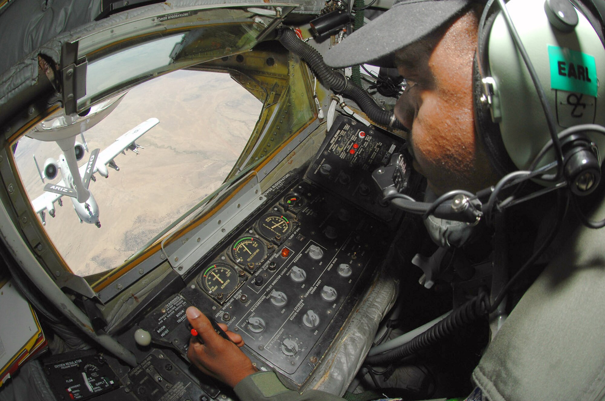Master Sgt. Vincent Jones, a KC-135 Stratotanker boom operator with the Arizona Air National Guard's 161st Air Refueling Wing based in Phoenix, refuels an A-10 Thunderbolt II April 29 from the 355th Fighter Wing at Davis Monthan Air Force Base, Ariz. (U.S. Air Force photo/Senior Airman Alesia Goosic)