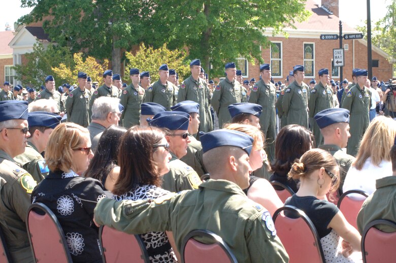 More than 500 Columbus AFB and community members came out to show their respects to Maj. Blair Faulkner and 2nd Lt. Matthew Emmons Tuesday at the memorial service at Smith Memorial Plaza. (U.S. Air Force photo by Airman 1st Class Danielle Hill)
