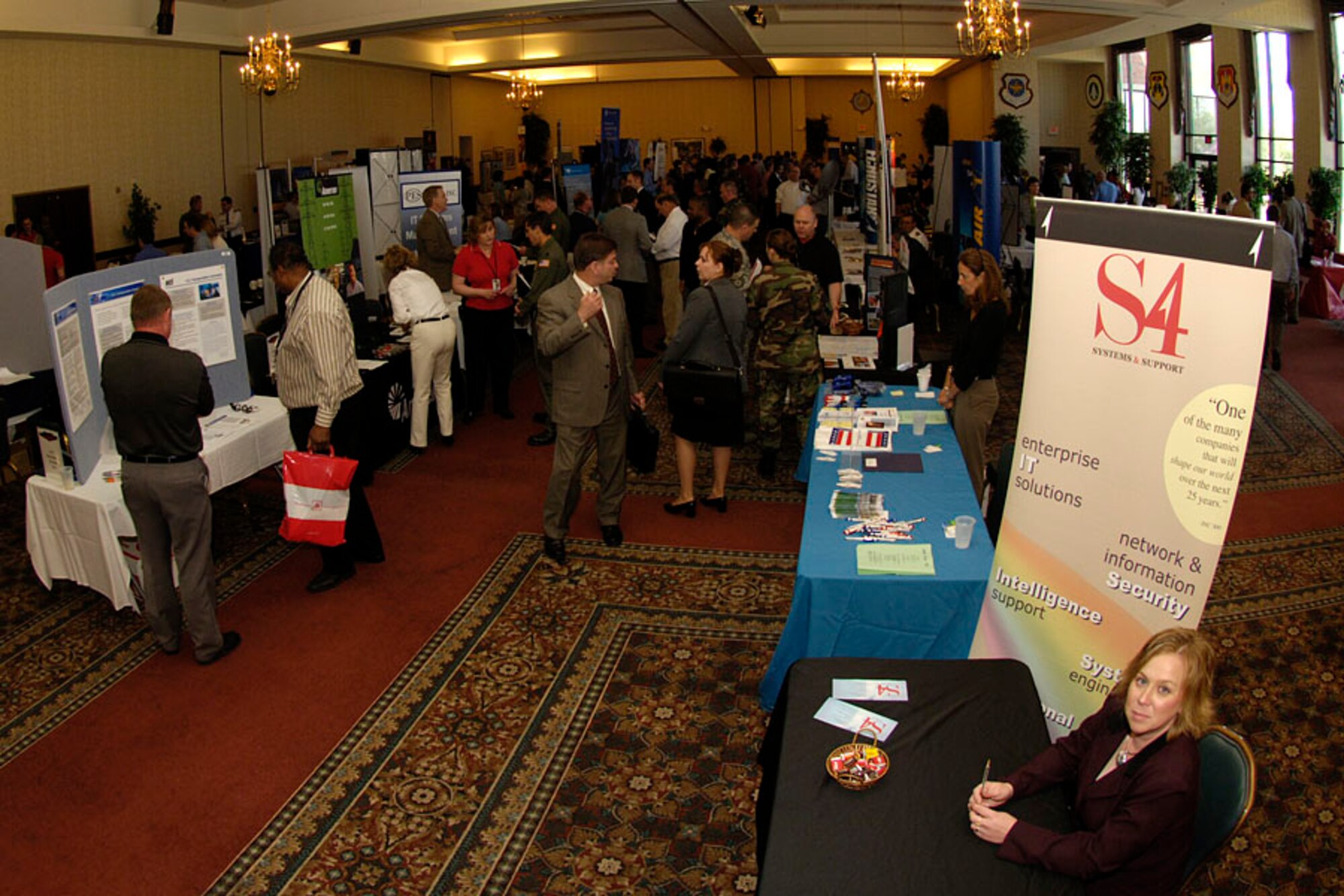SCOTT AIR FORCE BASE, Ill. -- More than 30 corporations were on hand to provide information to Joint Total Force Scott members hunting for a job during the Airman and Family Readiness Center Job Fair April 24. This event was held for active duty members and Reservists considering separation or retirement within the next three years and DoD family members seeking employment or exploring employment opportunities. (U.S. Air Force photo/Senior airman Jonathan Lovelady)