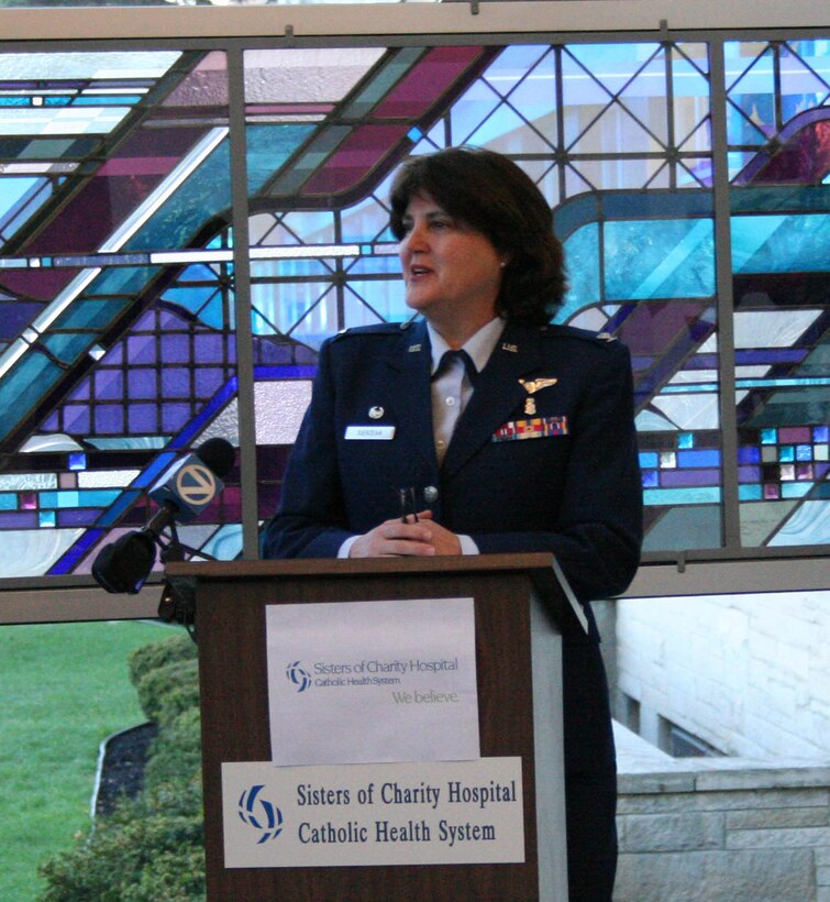 BUFFALO, NY-- Col. Renata Sierzega, commander of the 914th Aeromedical Staging Squadron (ASTS), formally announces the new training agreement between Sisters of Charity Hospital, Buffalo, NY and the 914 ASTS, Niagara Falls Air Reserve Station, NY.  Air Force Reserve medical personnel will receive dynamic nursing, medical and pharmacy technician, and nutritional medical experience in Buffalo's first Hospital.