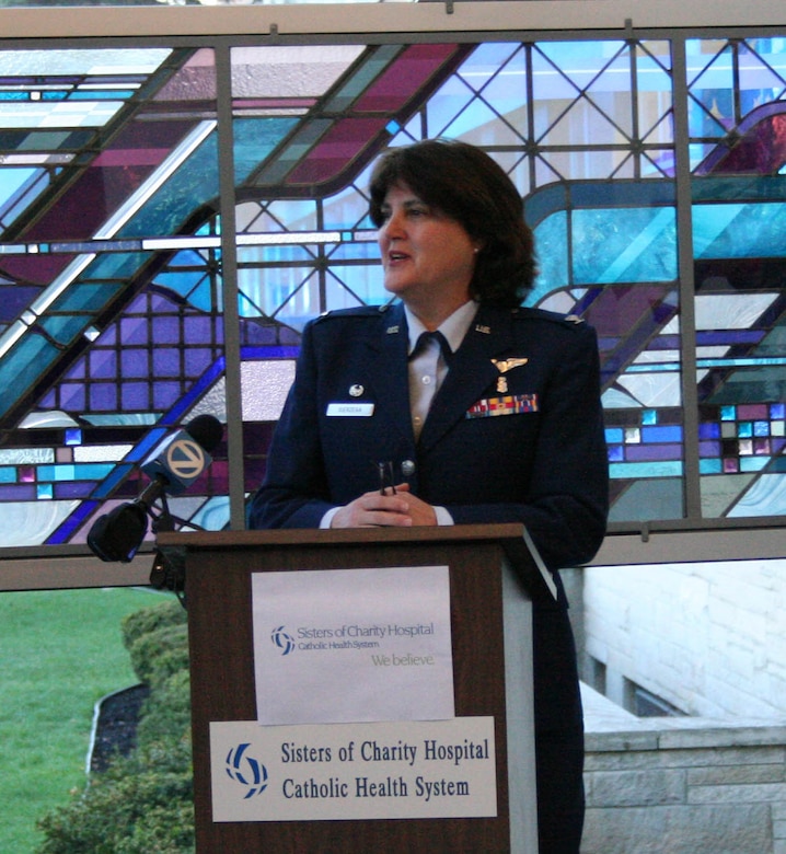 BUFFALO, NY-- Col. Renata Sierzega, commander of the 914th Aeromedical Staging Squadron (ASTS), formally announces the new training agreement between Sisters of Charity Hospital, Buffalo, NY and the 914 ASTS, Niagara Falls Air Reserve Station, NY.  Air Force Reserve medical personnel will receive dynamic nursing, medical and pharmacy technician, and nutritional medical experience in Buffalo's first Hospital.