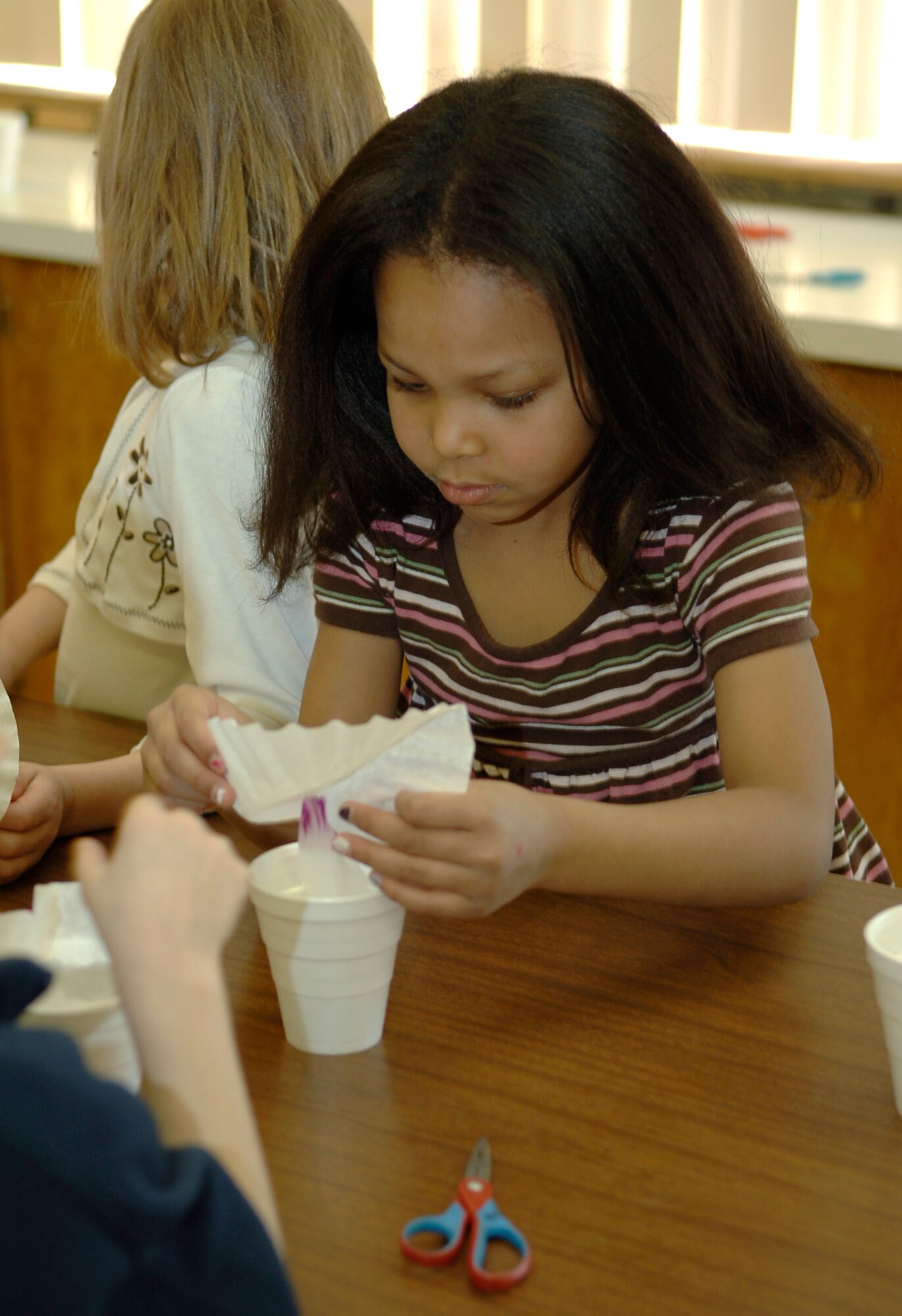 MOUNTAIN HOME AIR FORCE BASE, Idaho -- Ashleigh Fox, a kindergartener from the Base Primary School, watches the effects of putting a coffee filter colored with marker in water during Science Day at Stephensen Middle School April 25. The Mountain Home Air Force Base Parent Teacher Partnership hosted Science Day to introduce students from kindergarten through fourth grade to the world of science. (U.S. Air Force photo/Airman 1st Class Samantha S. Crane)