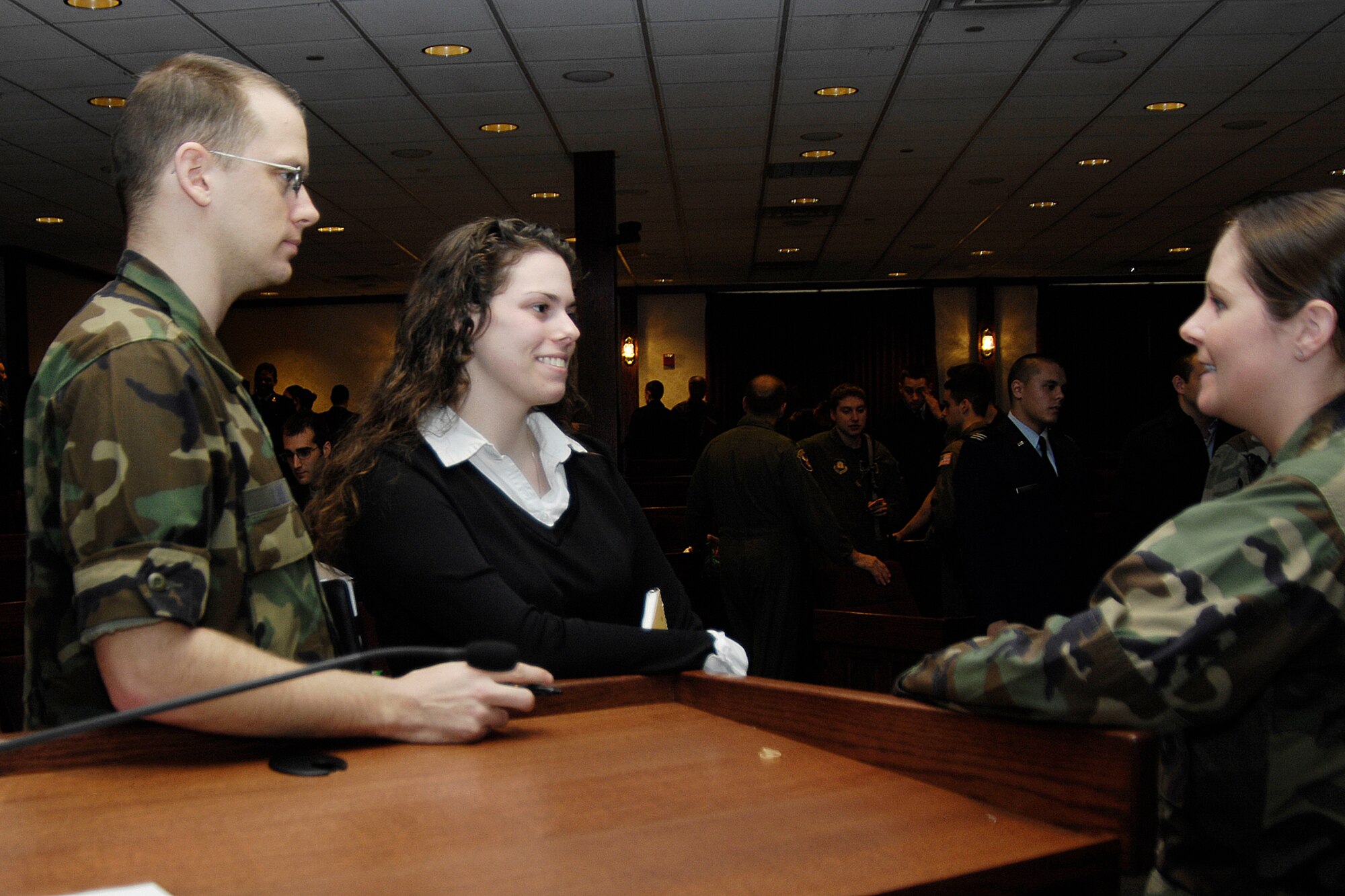 Hanscom AFB, Mass. -- First Lt. Monica Clodwick (right), 653rd Electronic Systems Group, answers questions following the lieutenant panel section of the Airman and Family Readiness Center’s Smooth Move/Life in the Military seminar on April 9. The seminar is an annual event the A&FRC offers to graduating seniors from New England ROTC detachments to help them transition from college into active-duty life. Topics covered in the seminar include first assignment PCS moves, housing, healthcare and other available resources. (U.S. Air Force photo by Linda LaBonte Britt)