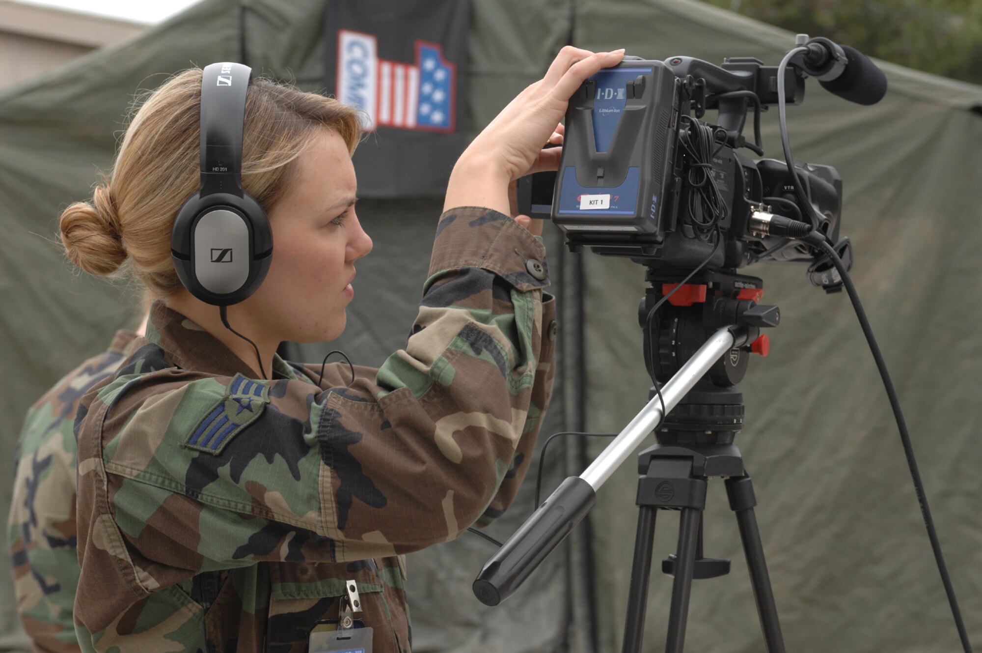 DIVULJE TRAINING BASE, Croatia – U.S. Air Force Senior Airman Lana Mills, 52nd Fighter Wing, Spangdahlem Air Base, Germany, records her interview April 29 of U.S. 2nd Lt Dan Casey, 1st Combat Communications Squadron, Ramstein Air Base, Germany, during the Medical Central and Eastern Europe Exercise 2008 (MEDCEUR 08). Seventeen nations are participating in the exercise May 2 through 15. The exercise focuses on mass-casualty training scenarios and humanitarian aid in response to crises situations. More than 400 multi-nationals are attending the exercise in support of the Partnership for Peace initiative. (U.S. Air Force photo/Staff Sgt. Kristin Ruleau) 