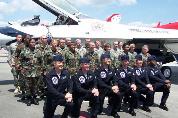 The Thunderbird reenlistment ceremony reenlisted eighteen individuals from the 315th Airlift Wing, Charleston Air Force Base, S.C., on April 25th.  The reenlistment ceremony was the largest that the Thunderbirds have done to date. (courtesy photo)