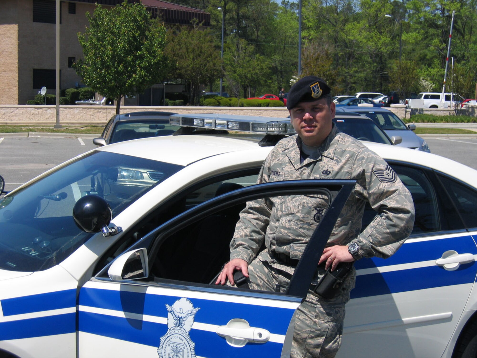 SEYMOUR JOHNSON AIR FORCE BASE, N.C. -- Since returning from Iraq in mid-February, reservists with the 916th Security Forces Squadron are keeping busy by supporting Air Force bases around the country to include Charleston, Langley, Pope, Warner Robins and  Seymour Johnson.  More than 20 reservists from the 916th are deployed stateside for support. Pictued here:  Tech. Sgt. Patrick Matthews helps patrol Seymour Johnson. He has supported the 4th Fighter Wing since 2003 and just recently returned from six months in Kirkuk. U.S. Air Force photo/Senior Airman Veronica Odom