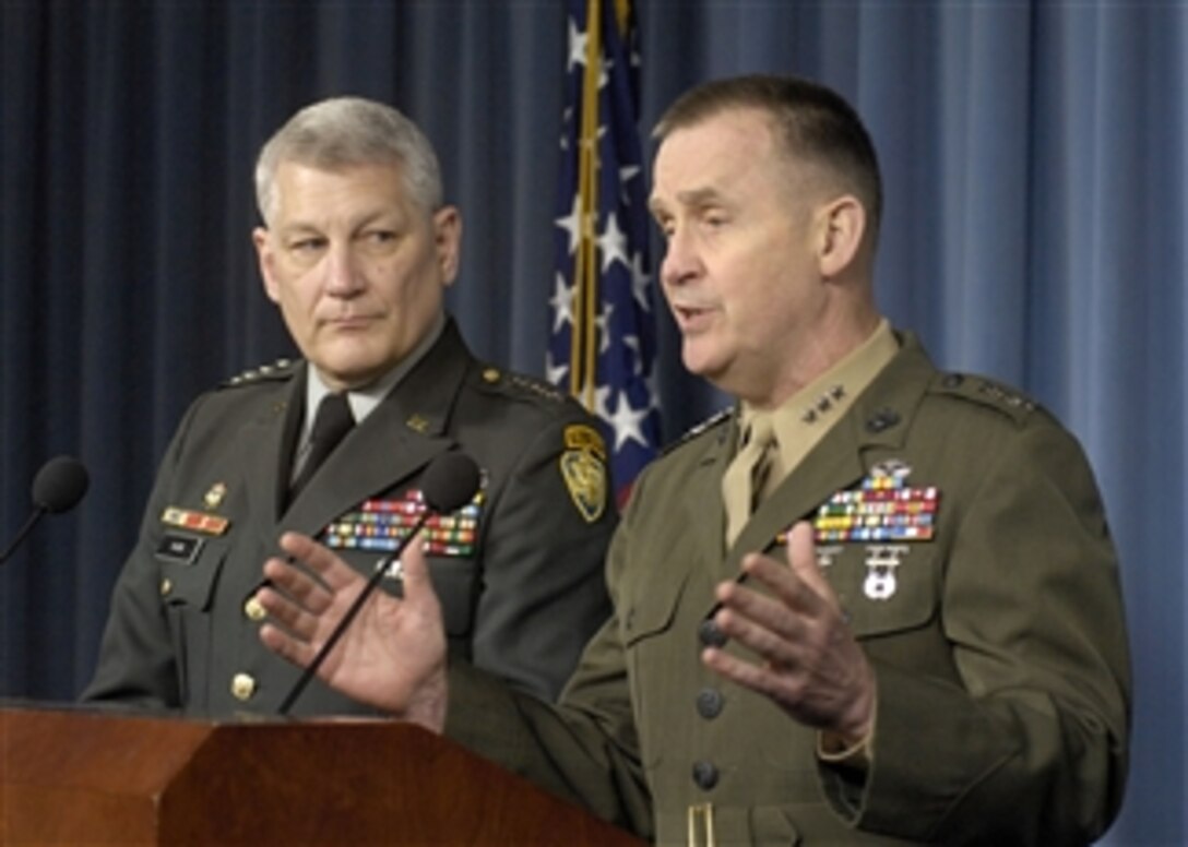 Joint Staff Director for Operations Lt. Gen. Carter Ham (left), U.S. Army, and Joint Staff Director for Strategic Plans and Policy Lt. Gen. John Sattler (right), U.S. Marine Corps, conduct a Pentagon press briefing on April 30, 2008.  Ham and Sattler updated reporters on operations in Iraq and Afghanistan.  