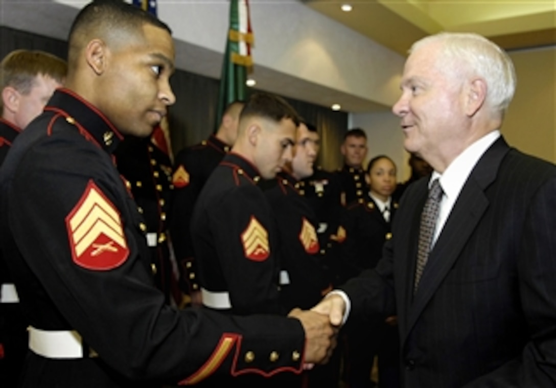 Defense Secretary Robert M. Gates meets with U.S. Marines assigned to the U.S. Embassy in Mexico City, Mexico, April 29, 2008.  