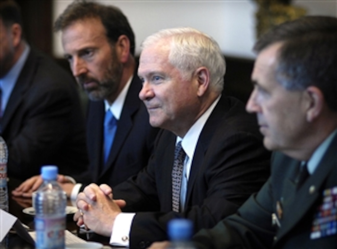 Defense Secretary Robert M. Gates, center, U.S. Ambassador to Mexico Antonio Garza, left, and Army Lt. Gen. Peter Chiarelli, right, attend a meeting with Secretary of Government Juan Mourino and Secretary of Foreign Affairs Patricia Espinosa, both not pictured, in Mexico City, Mexico, April 29, 2008.  