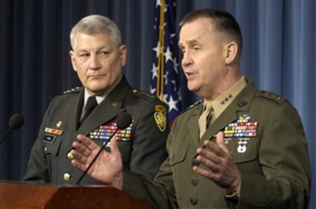 U.S. Army Lt. Gen. Carter Ham, left, director for operations, and U.S. Marine Corps Lt. Gen. John Sattler, director for strategic plans and policy, both of the Joint Staff, hold a Pentagon press briefing, April 30, 2008. The two officers answered questions ranging from the deployment of two aircraft carriers to the Persian Gulf  to the recent increase in U.S. casualities in Iraq.  