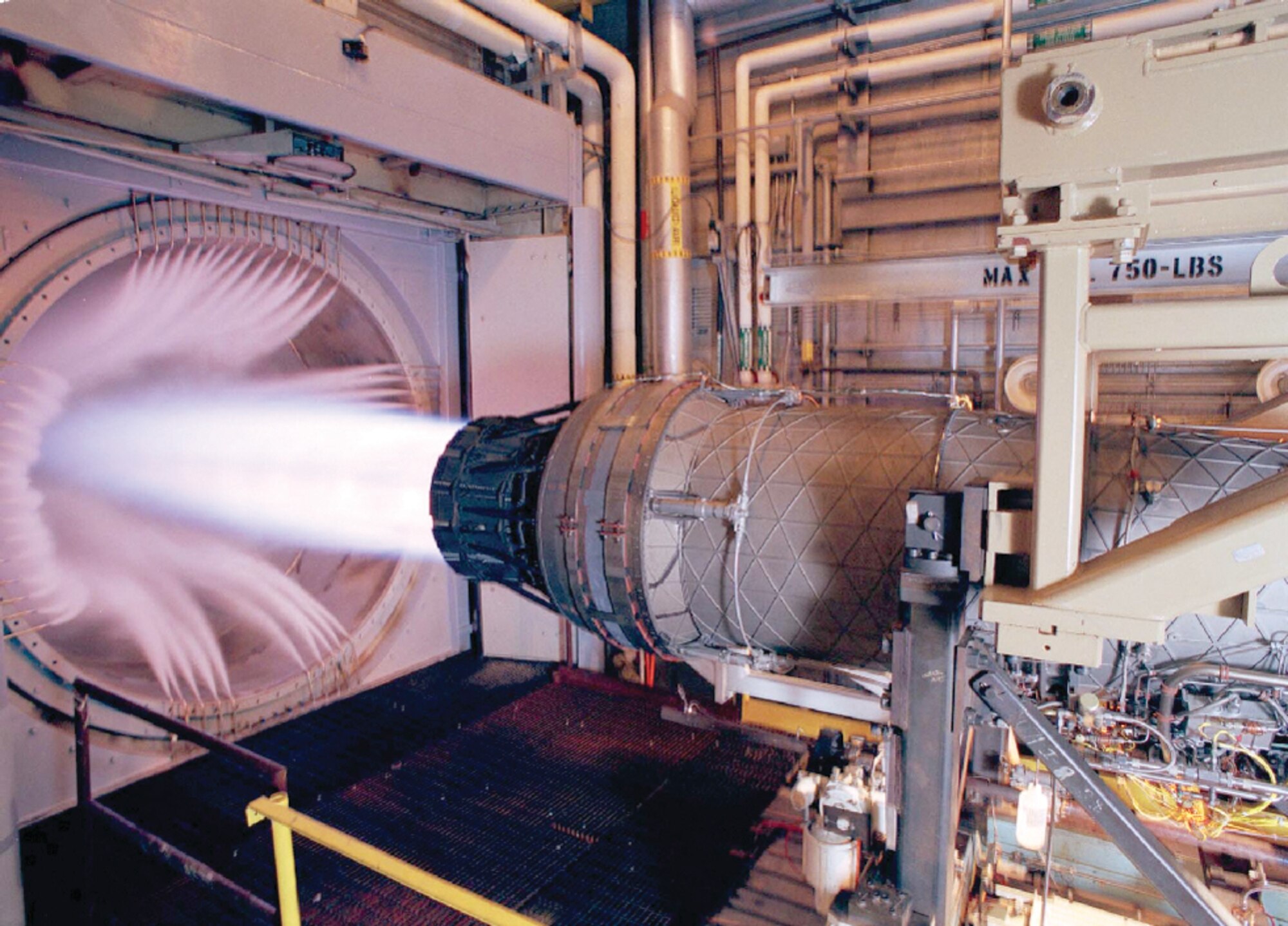 This Pratt & Whitney F100 engine, the powerplant for the F-15 Eagle and F-16 Fighting Falcon, underwent sea level testing in Arnold Engineering Development Center’s Propulsion Development Test Cell SL-2 in 2003. (AEDC photo)