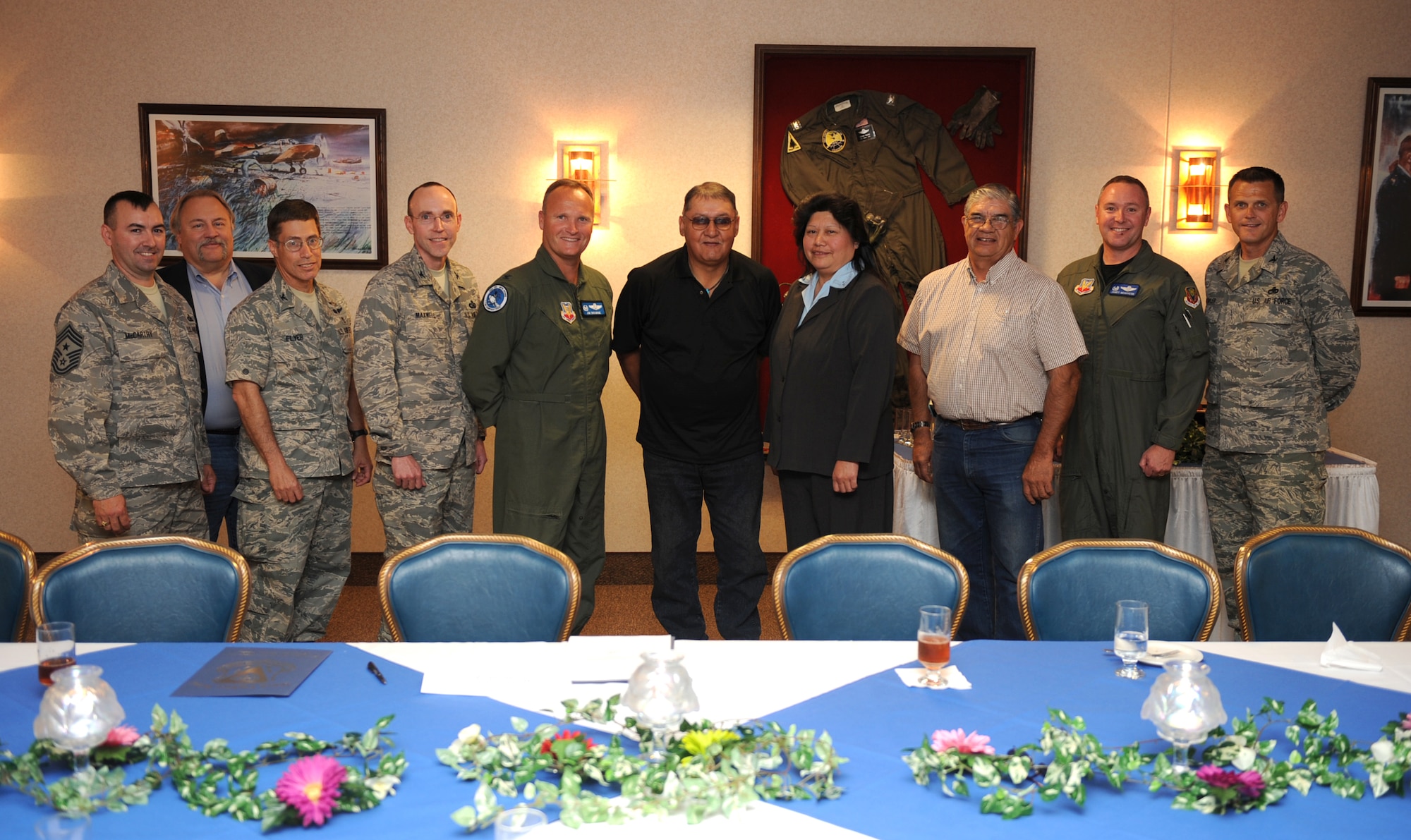MOUNTAIN HOME AIR FORCE BASE, Idaho - Col. James Browne, 366th Fighter Wing commander, and other wing leadership meets with Chairwoman Nancy Egan and other members of the Shoshone-Paiute Tribes of the Duck Valley Indian Reservation to sign a Memorandum of Understanding July 18.(U.S. Air Force photo by/ Airman 1st Class Ryan Crane)