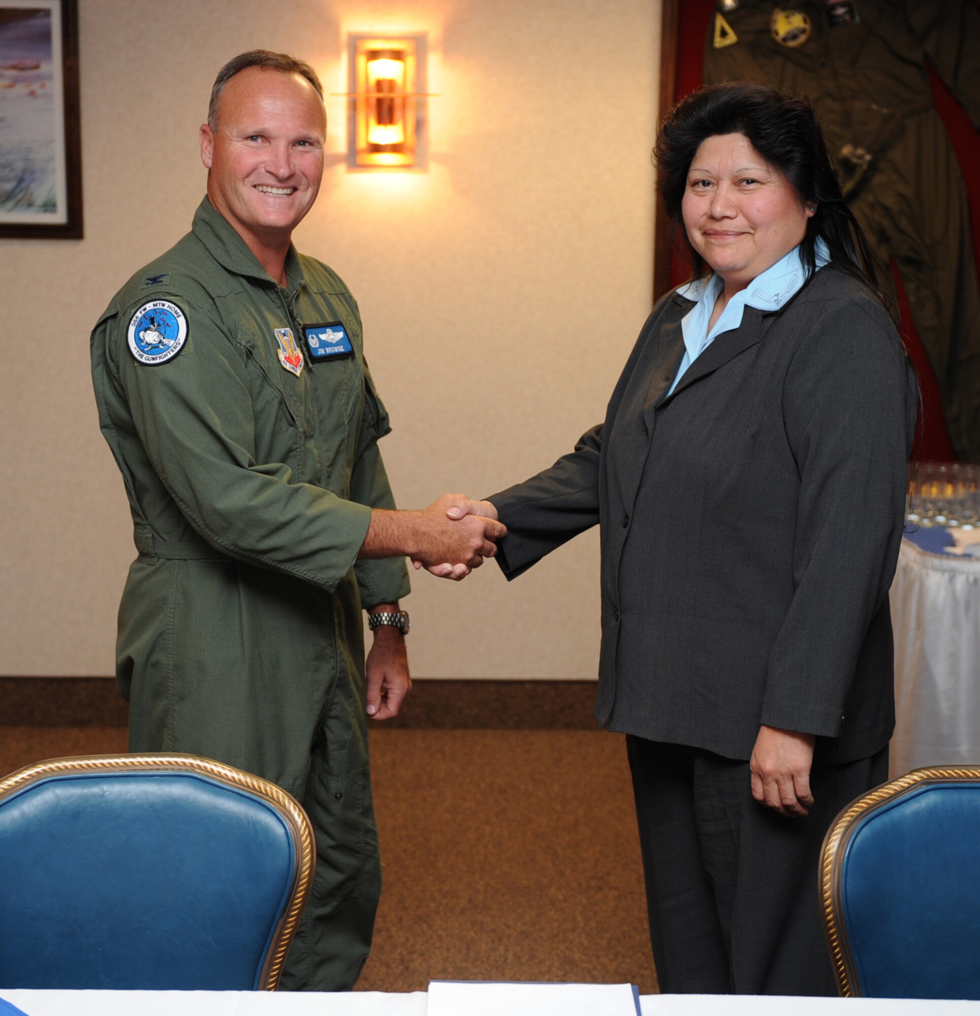 MOUNTAIN HOME AIR FORCE BASE, Idaho - Col. James Browne, 366th Fighter Wing commander, meets with Chairwoman Nancy Egan, Shoshone-Paiute Tribes of the Duck Valley Indian Reservation, to sign a Memorandum of Understanding July 18.(U.S. Air Force photo by/ Airman 1st Class Ryan Crane)