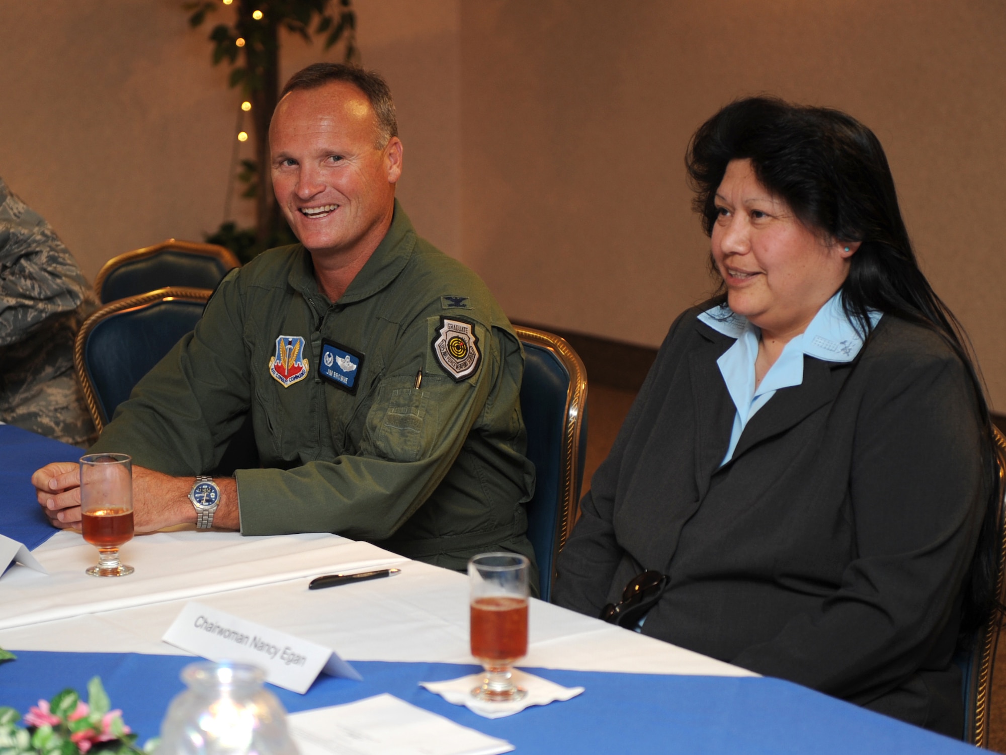 MOUNTAIN HOME AIR FORCE BASE, Idaho - Col. James Browne, 366th Fighter Wing commander, meets with Chairwoman Nancy Egan, Shoshone-Paiute Tribes of the Duck Valley Indian Reservation, to sign a Memorandum of Understanding July 18.(U.S. Air Force photo by/ Airman 1st Class Ryan Crane)