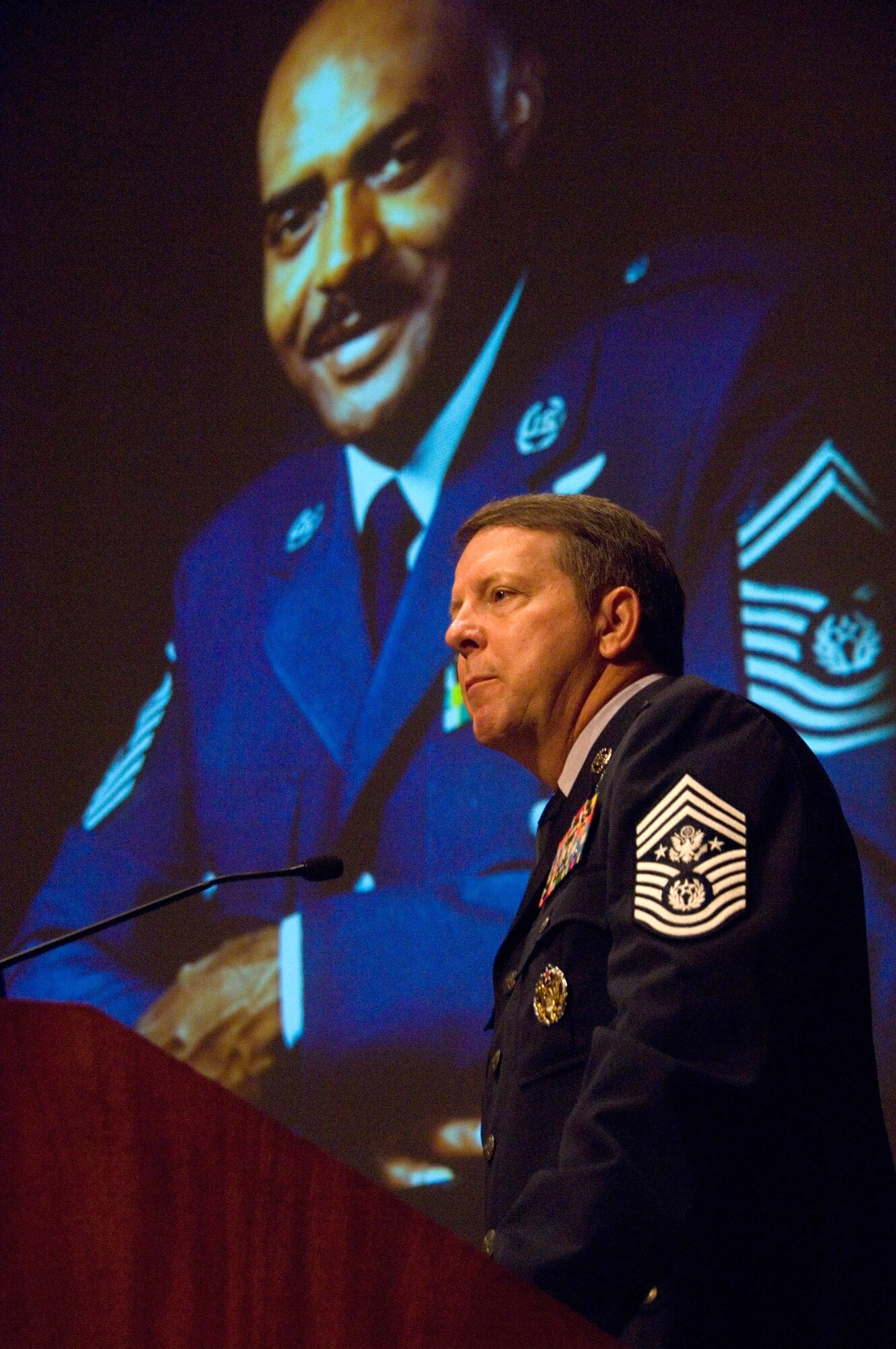 Chief Master Sgt. of the Air Force Rodney J. McKinley speaks at the dedication ceremony of the Thomas N. Barnes Center for Enlisted Education here July 24.  (Air Force photo by Melanie Rodgers)