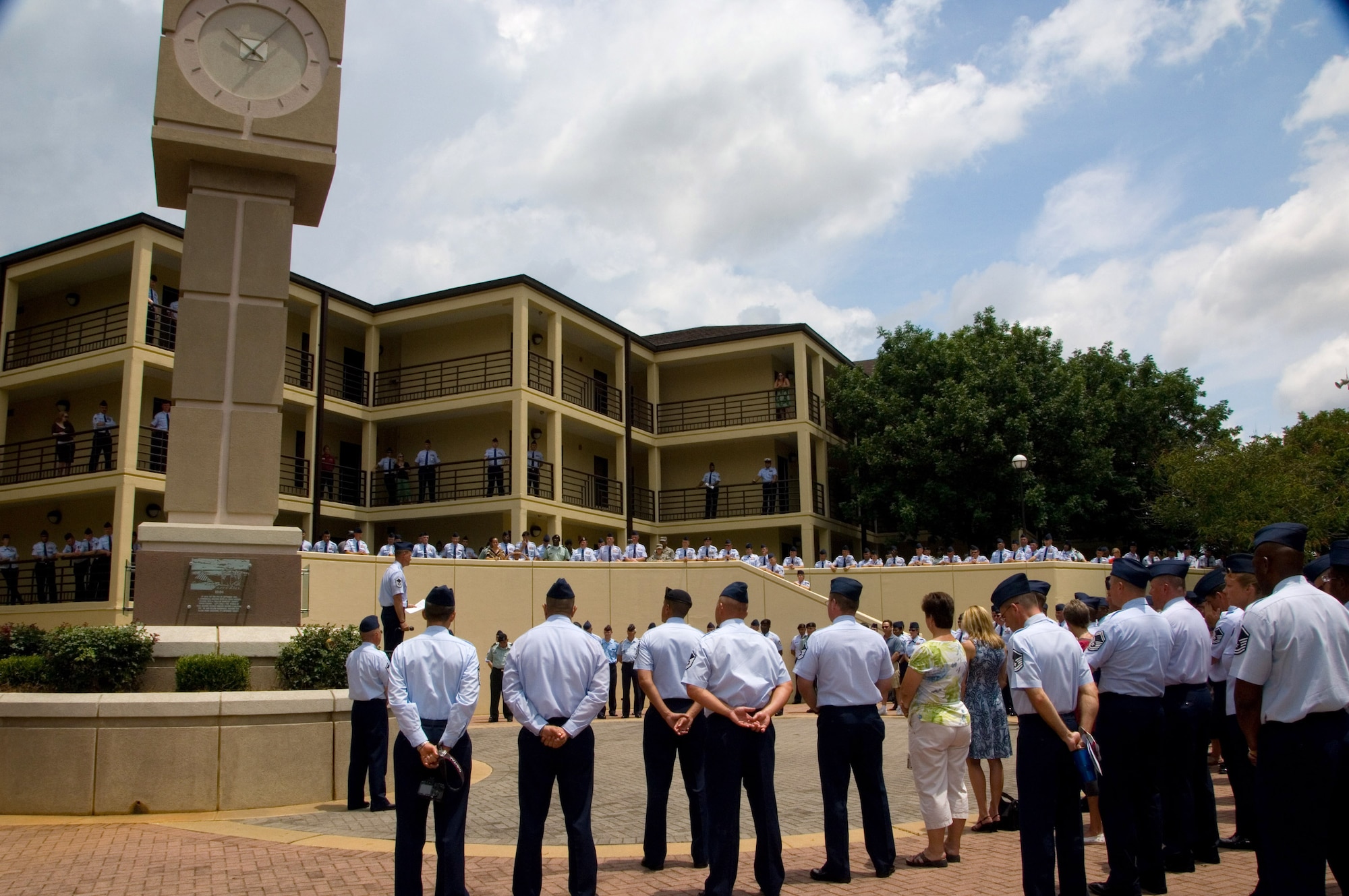 More than 400 enlisted members and guests attend the dedication of the Air Force Senior NCO Academy class 08-Delta's legacy project. The clock tower memorializes the tragic events of Sept. 11, 2001. (Air Force photo by Melanie Rodgers)
