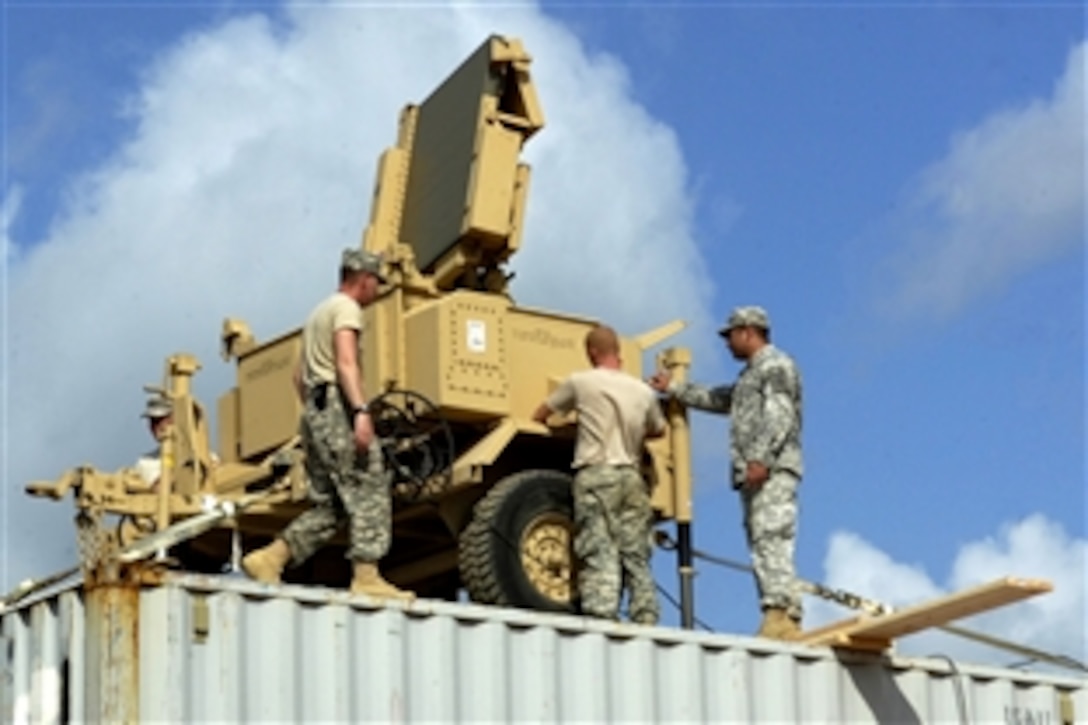U.S. Army paratroopers set up the Sentinel Radar System at Forward Operating Base Sword, on Fort Polk, La., during a training event, July 31, 2008. The Sentinel Radar System can determine what type of aircraft is within a vicinity of 40 kilometers. The paratroopers are assigned to the 3rd Brigade Combat Team's Air Defense Airspace Management.

