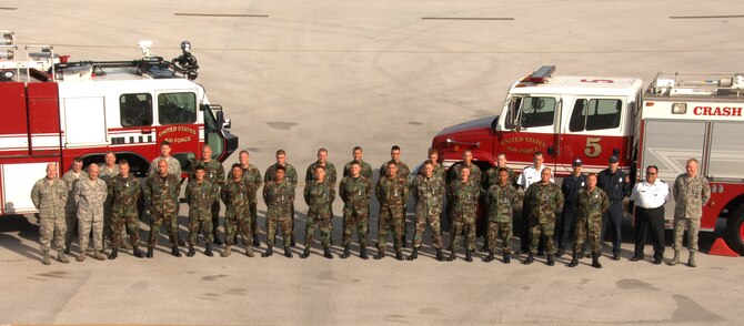 ANDERSEN AIR FORCE BASE, Guam -Andersen Fire and Rescue Emergency Services awards 33 U.S. Air Force Achievement medals and 6 U.S. Air Force Civilian Achievement medals to the emergency responders of the B-2 Spirit of Kansas Class A mishap here August 1. The B-2 crashed shortly after take off here Feb. 23. The medals where presented to those who distinguished themselves by outstanding achievement on Feb. 23 as they demonstrated incredible fire fighting abilities combating a six hour fire with flames reaching over 300 feet.   (U.S. Air Force photo by Airman 1st Class Nichelle Griffiths)
