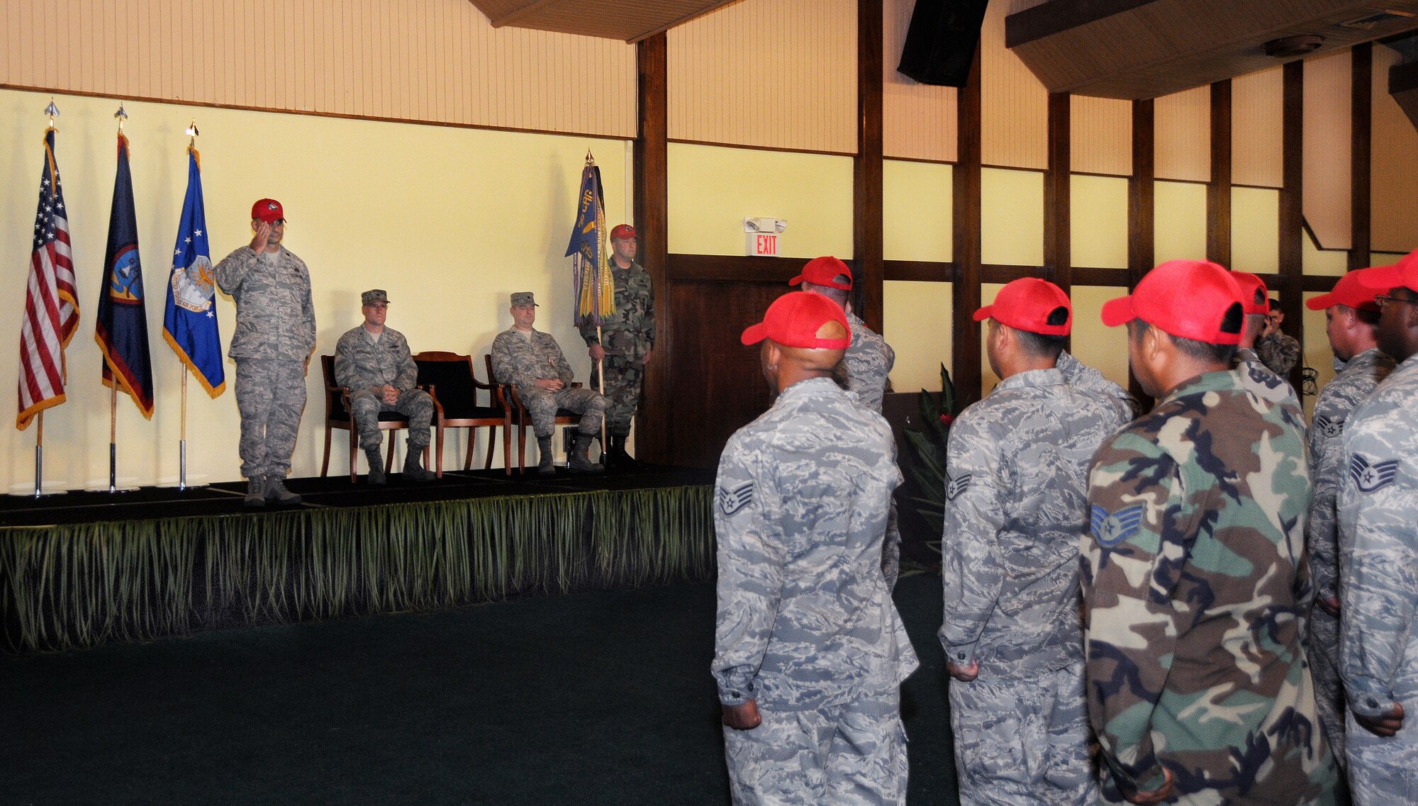 ANDERSEN AIR FORCE BASE, Guam - Airmen from the 554th RED HORSE Squadron render their first salute to Lt. Col. Anthony Davit at the squadron’s change of command ceremony held Aug. 2 at the Oceanview Conference Center. Lieutenant Colonel Davit is now in command of eight officers and 150 enlisted Airmen within the squadron. (U.S. Air Force photo by Airman 1st Class Courtney Witt)