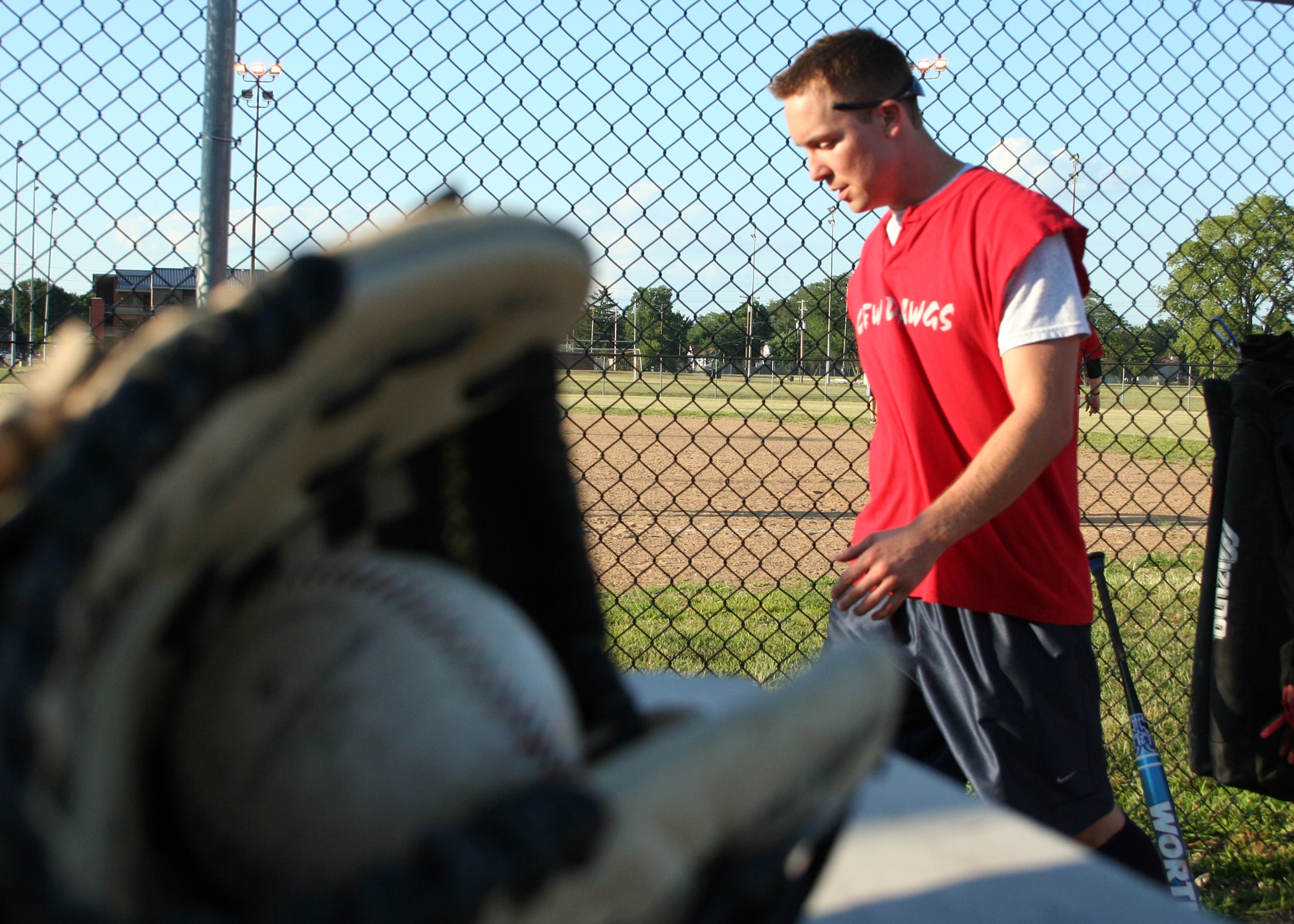 WRIGHT-PATTERSON AFB, Ohio - U.S. Air Force Staff Sergeant Jason Niederwerder prepares to take the field at the 1st Annual AFSA Softball challenge between the 445th AW Reservists and the Team Wright Patt active duty on Saturday, August 2, 2008 at Dodger Field located on Wright Patterson Air Force Base Ohio. SSgt. Niederwerder is a crew chief with the 445th Airlift Wing AMXS. (U.S. Air Force photo/Senior Airman Ken LaRock)