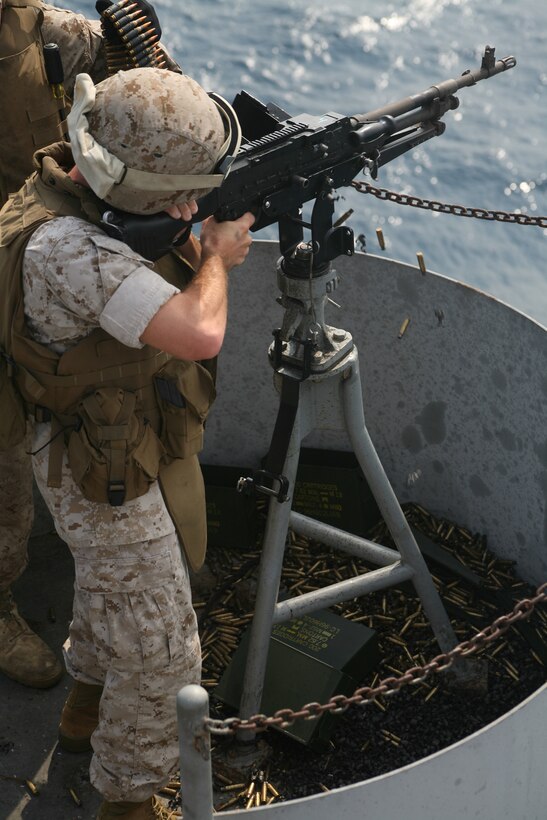 Lt. Col. Chuck M. Dunne, the commander of troops with MALS-31, fires an M240G machine gun during weapons training, Aug. 3