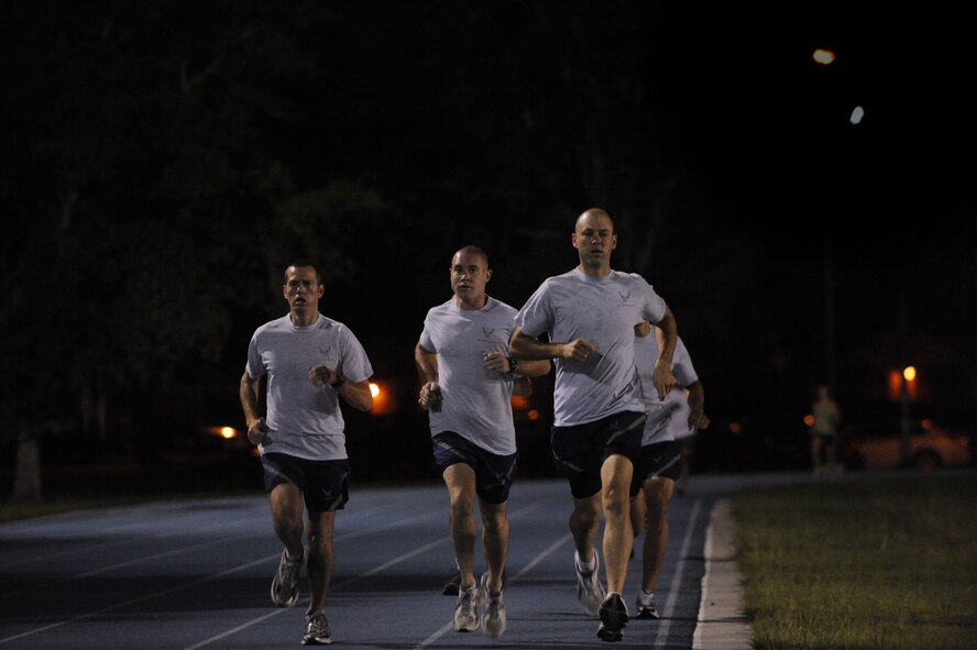 MOODY AIR FORCE BASE, Ga. -- 23rd Wing members participate in training for the Air Force Marathon, which will take place in September at Wright-Patterson Air Force Base in Dayton, Ohio, here Aug. 4. Events include the marathon, wheelchair marathon, half marathon, individual 10K and team 10K. (U.S. Air Force photo by Senior Airman Gina Chiaverotti)