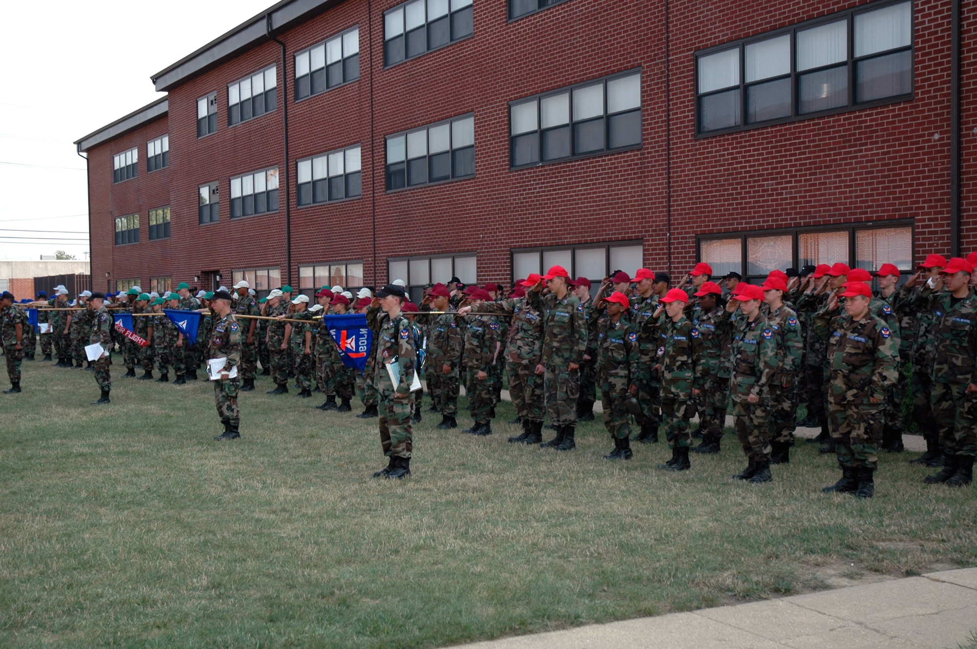 Civil Air Patrol cadets from the New Jersey Civil Air Patrol Wing participate in a retreat ceremony marking the end of their duty day at the U.S. Air Force Expeditionary Center on Fort Dix, N.J., July 29, 2008.  Civil Air Patrol is a volunteer, non-profit auxiliary of the U.S. Air Force. Its missions are to develop its cadets, educate Americans on the importance of aviation and space, and perform life saving humanitarian missions. These cadets were holding their annual summer encampment with the New Jersey wing.  (U.S. Air Force photo/Staff Sgt. Paul R. Evans)