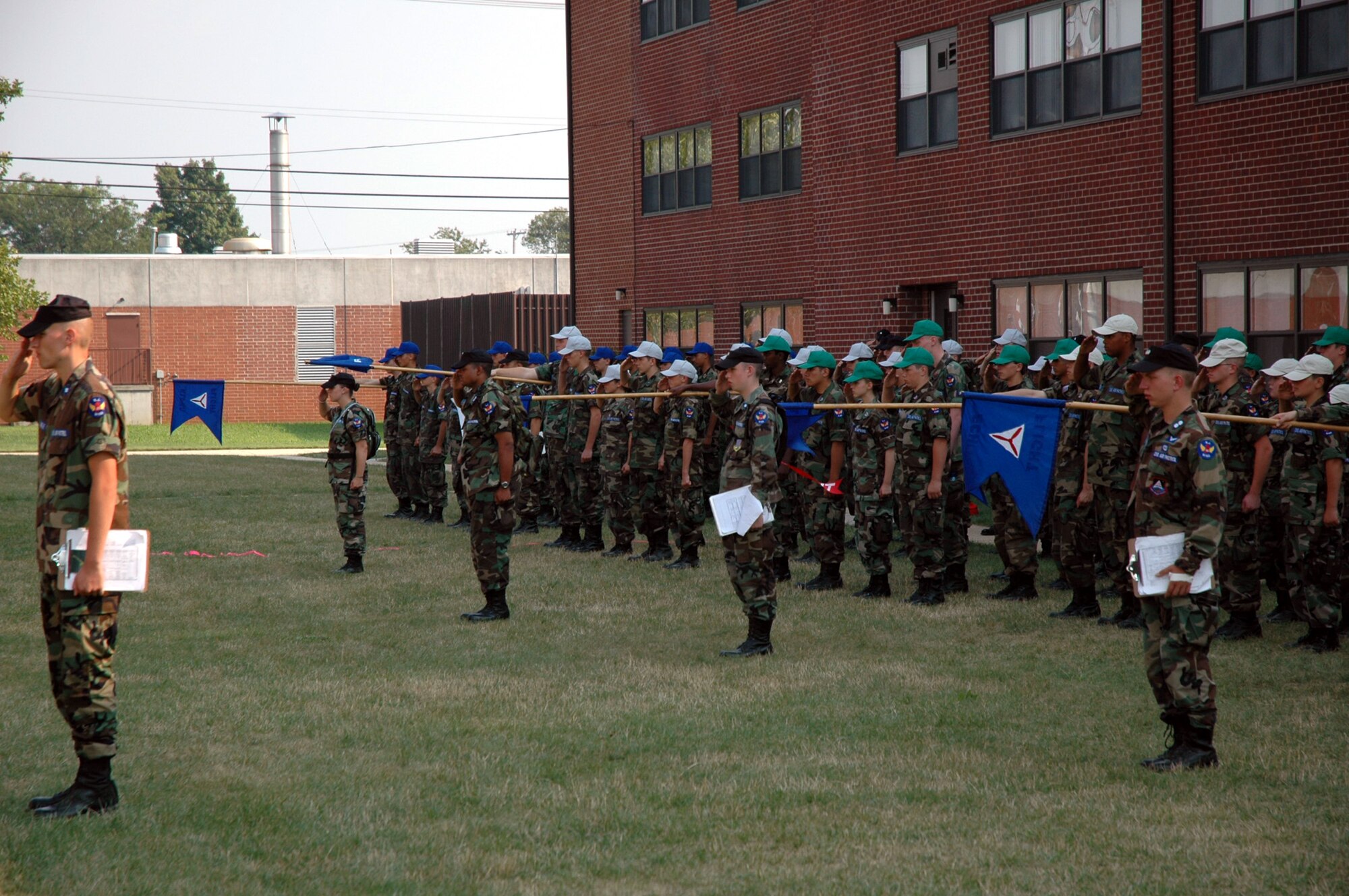 Civil Air Patrol cadets from the New Jersey Civil Air Patrol Wing participate in a retreat ceremony marking the end of their duty day at the U.S. Air Force Expeditionary Center on Fort Dix, N.J., July 29, 2008.  Civil Air Patrol is a volunteer, non-profit auxiliary of the U.S. Air Force. Its missions are to develop its cadets, educate Americans on the importance of aviation and space, and perform life saving humanitarian missions. These cadets were holding their annual summer encampment with the New Jersey wing.  (U.S. Air Force photo/Staff Sgt. Paul R. Evans)