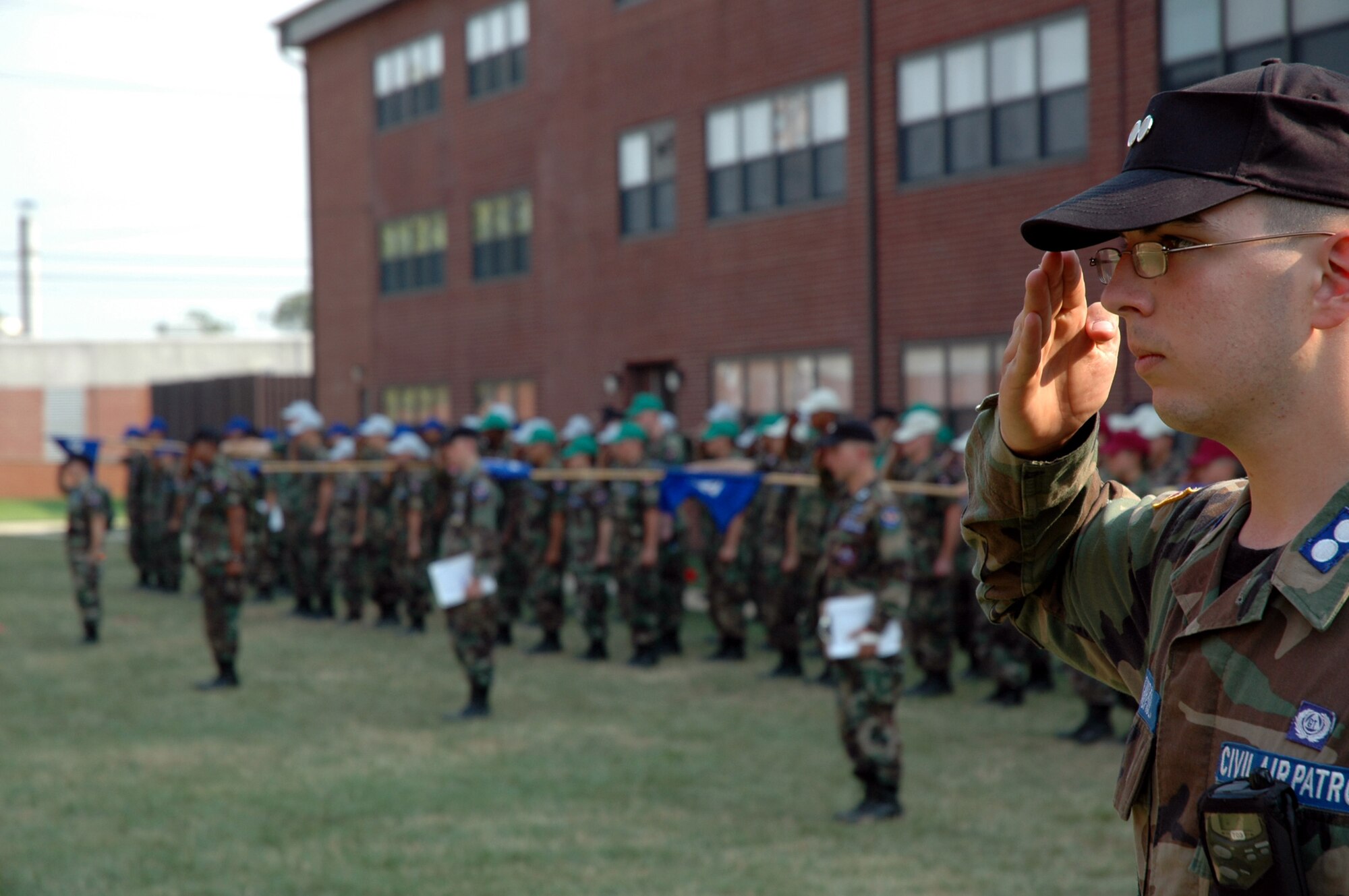 Civil Air Patrol cadets from the New Jersey Civil Air Patrol Wing participate in a retreat ceremony marking the end of their duty day at the U.S. Air Force Expeditionary Center on Fort Dix, N.J., July 29, 2008.  Civil Air Patrol is a volunteer, non-profit auxiliary of the U.S. Air Force. Its missions are to develop its cadets, educate Americans on the importance of aviation and space, and perform life saving humanitarian missions. These cadets were holding their annual summer encampment with the New Jersey wing.  (U.S. Air Force photo/Staff Sgt. Paul R. Evans)