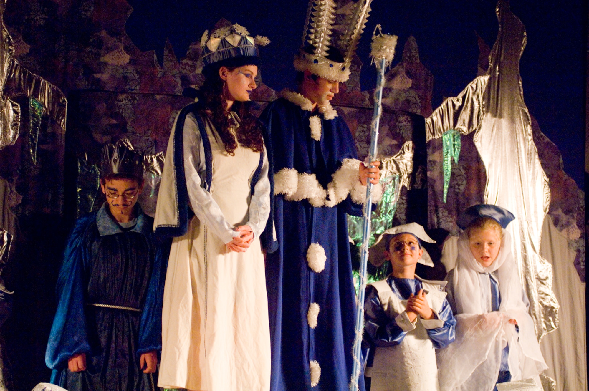 HANSCOM AFB, Mass. – Hanscom children (left to right) Jordan Curry, Katarina Bartley, Ian Kenyon, Joey Wirthlin and Reagan Stone perform with members of the Missoula Children’s Theater in a production of The Princess and the Pea at the Base Theater on Aug. 2.  (U.S. Air Force photo by Mark Wyatt)