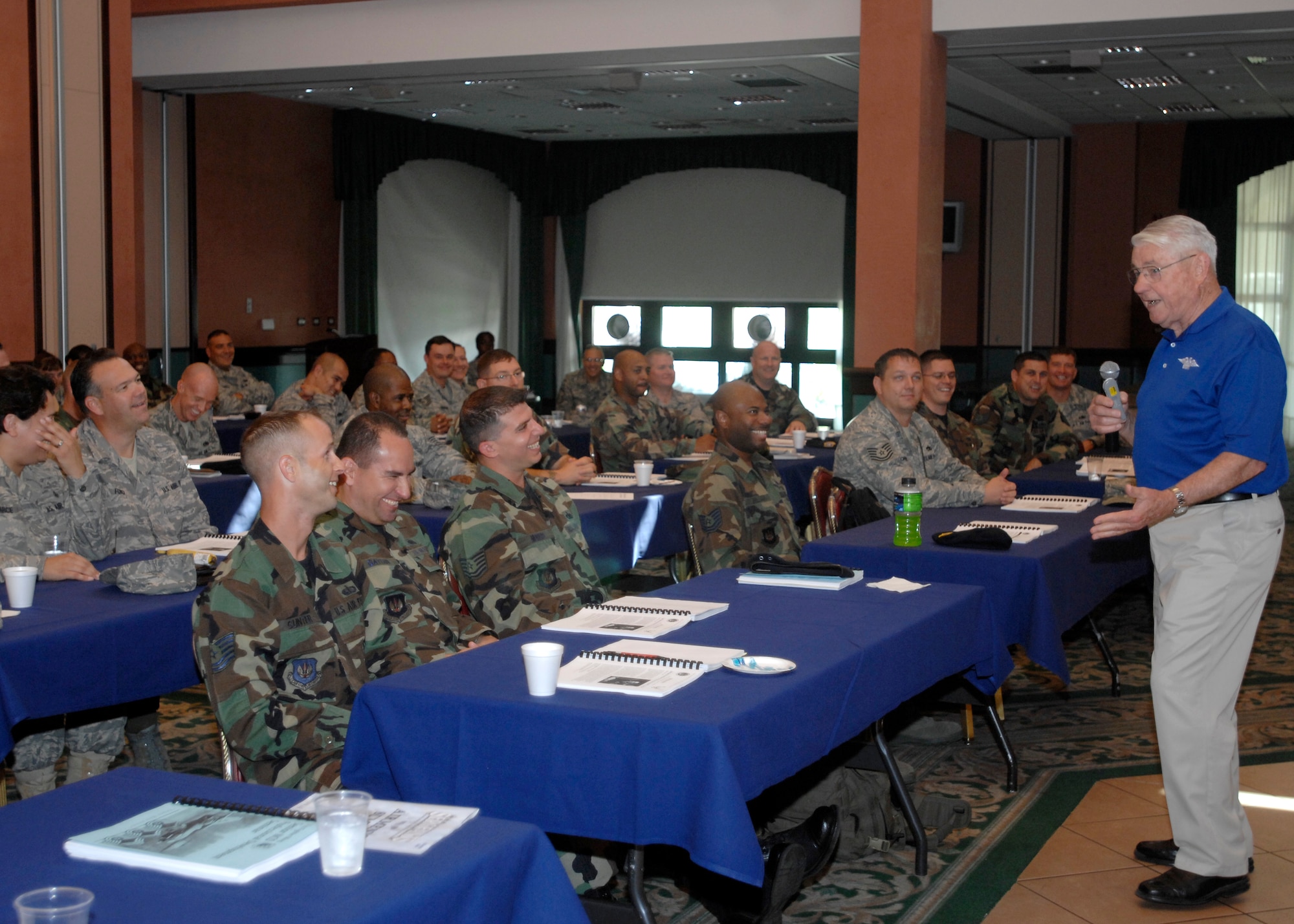 Fifth Chief Master Sergeant of the Air Force Robert Gaylor talks to Aviano master sergeant selects during the base's Senior NCO Professional Development Seminar July 31. (U.S. Air Force photo/Airman 1st Class Tabitha M. Mans) 