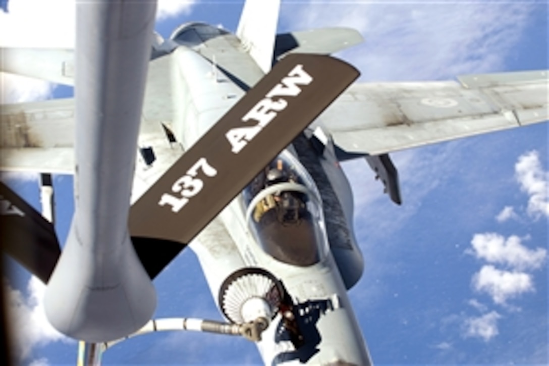 U.S. Air Force KC-135 Stratotanker aircraft refuels a Canadian Air Force CF-18 Hornet as part of Exercise Rim of the Pacific 2008 over the Pacific Ocean, July 23, 2008. The multinational exercise includes troops from the United States, Australia, Chile, Canada, Japan, the Netherlands, Peru, South Korea, Singapore and the United Kingdom. 