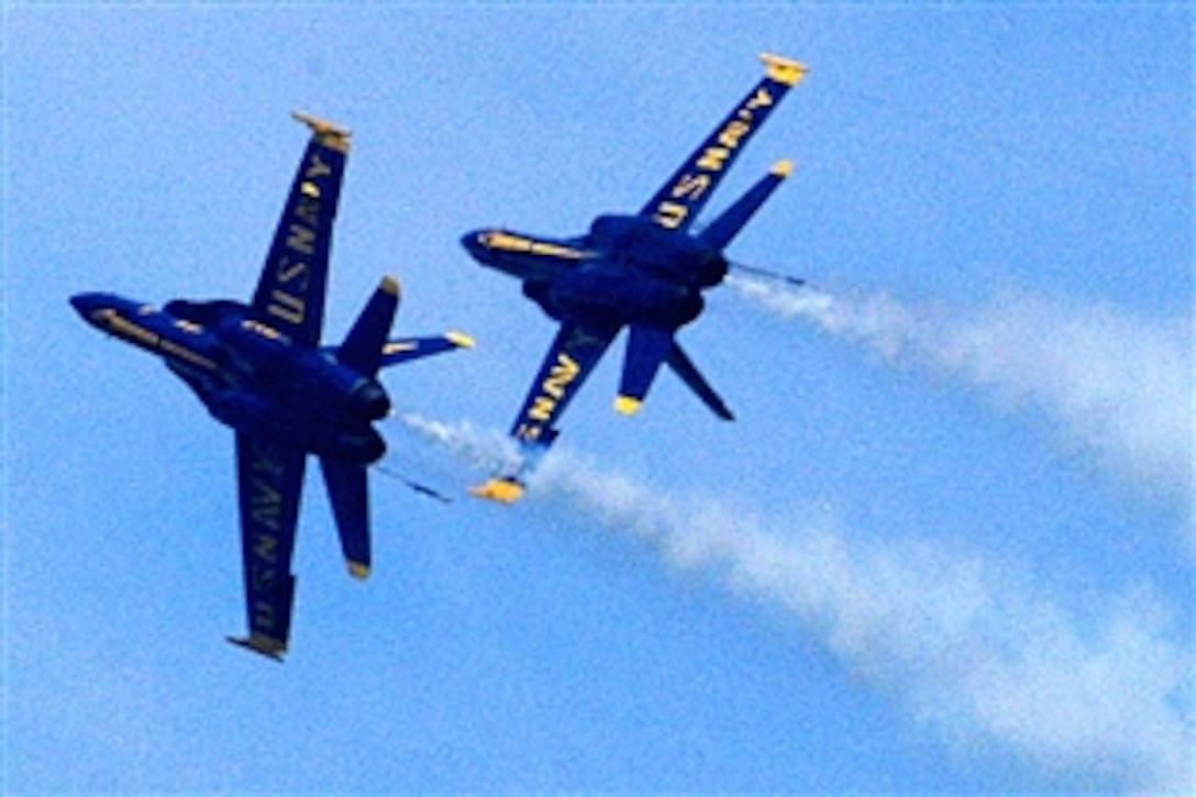 The Blue Angels, the U.S. Navy's flight demonstration squadron, perform in an air show as part of Seattle Sea Fair's festivities in Seattle, Wash., Aug 2, 2008. 