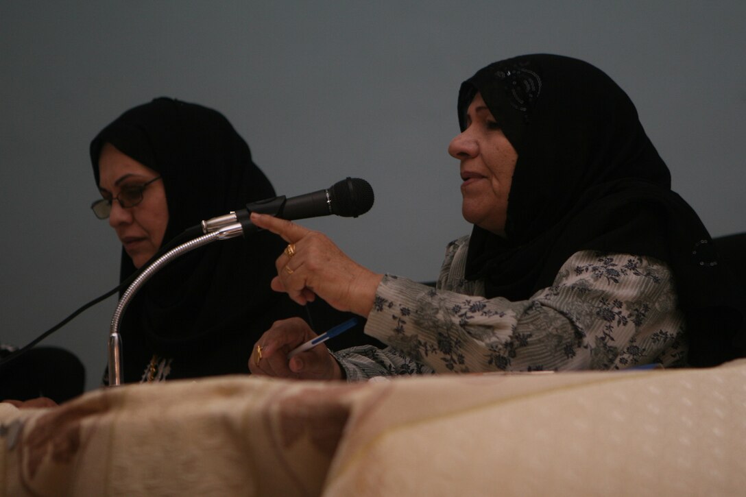 RAMADI, Iraq (August 6, 2008) - A Females for Ramadi Council member speaks during the "Women of Tomorrow" women's conference held at the Ramadi Sunni Endowment Center August 4. The purpose of the conference was to give the women who attended a chance to discuss common issues in today’s Iraqi society and educate the women about opportunities and support that is available to them. (Official U.S. Marine Corps photo by Lance Cpl. Casey Jones) (RELEASED)