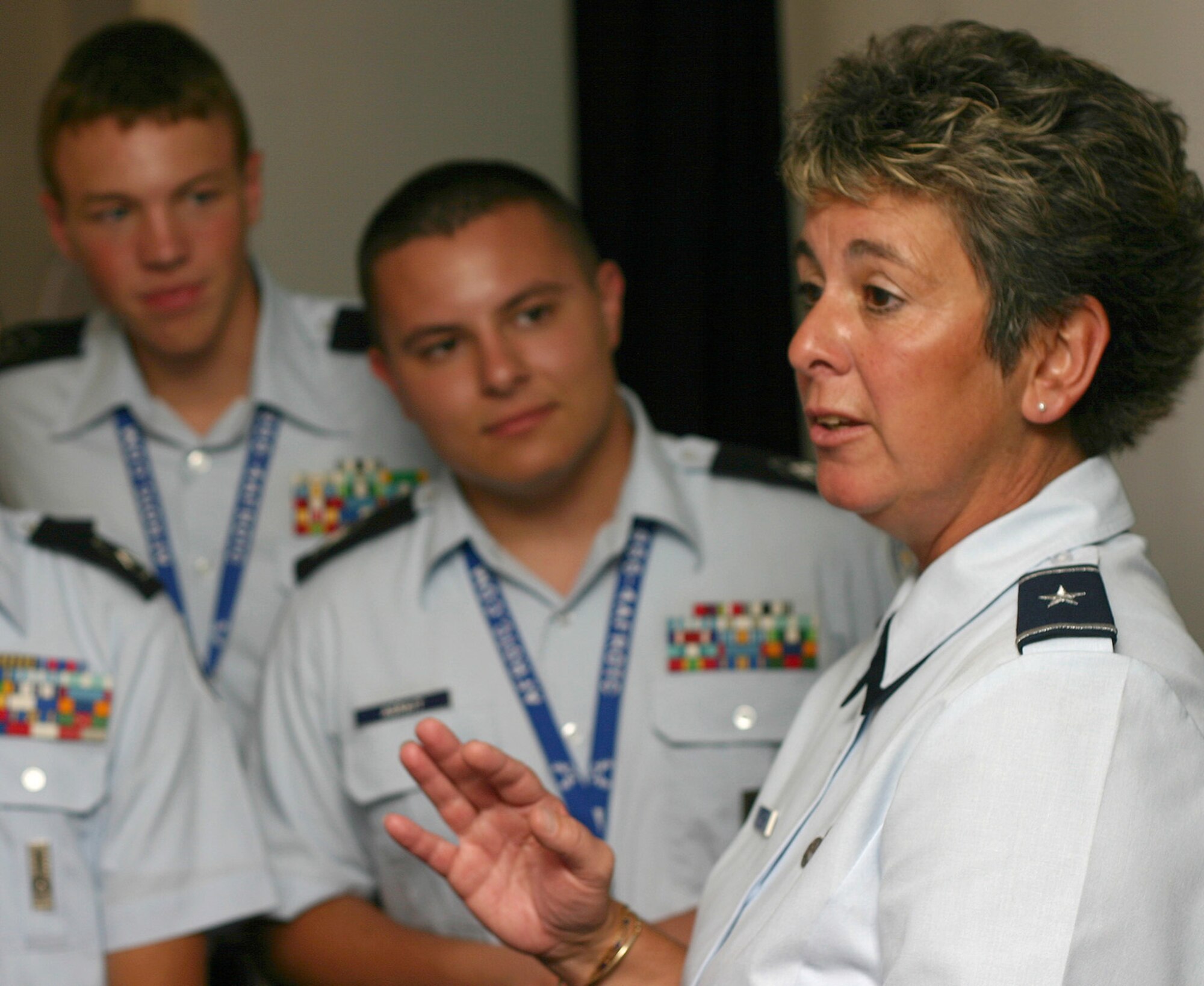 Brig. Gen. Anita Gallentine, mobilization assistant to the Air Force Deputy Chief of Staff for Installations and Logistics, talks with Junior ROTC cadets July 30 during a luncheon at the officers club at Kirtland Air Force Base, N.M. General Gallentine, who has served in active-duty, Reserve and Air National Guard positions, shared her experiences with more than 50 high school students participating in the 2008 Air Force Junior ROTC Aerospace and Technology Honor Camp. (U.S. Air Force photo/Staff Sgt. Jason Lake)