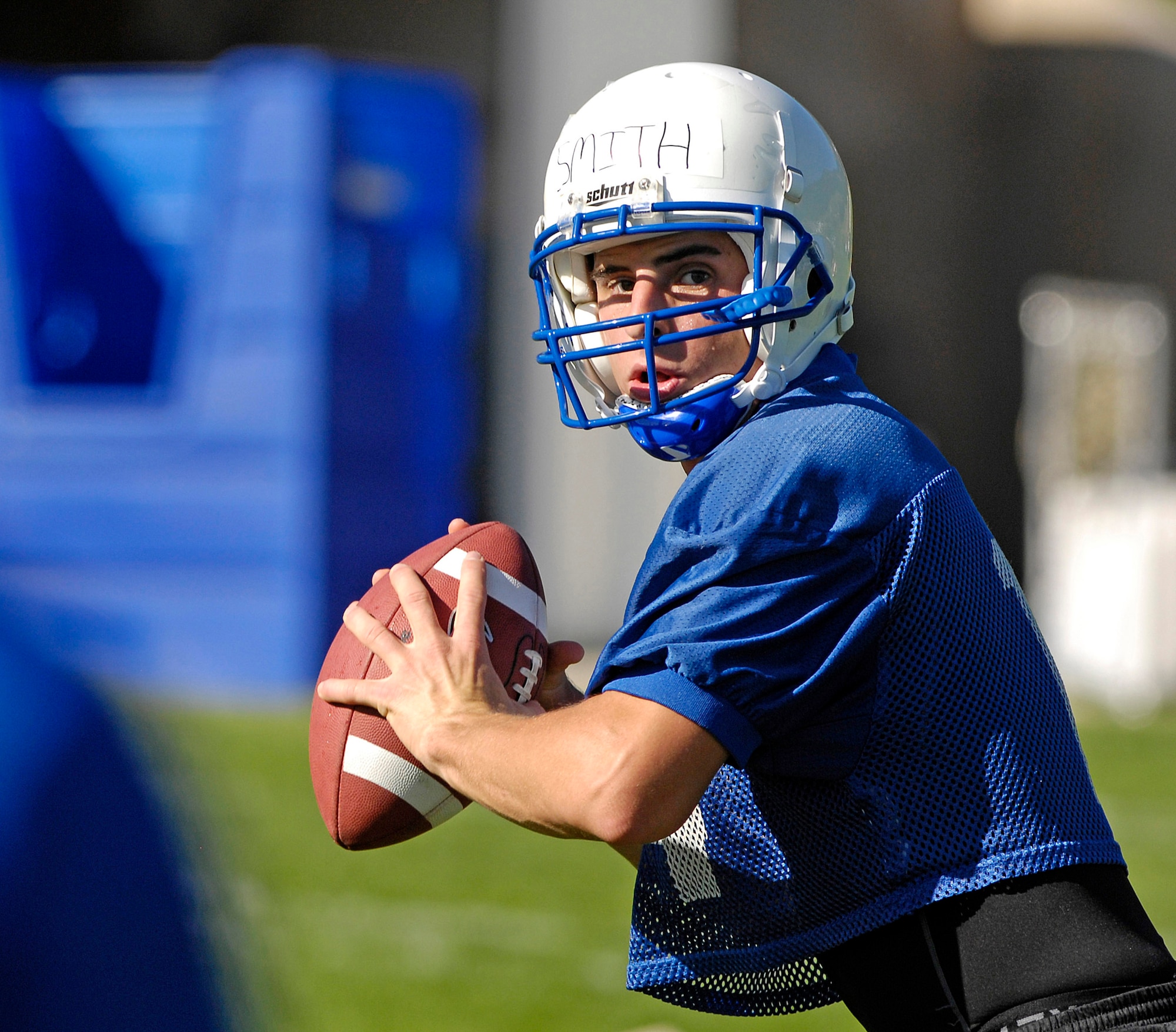 Quarterback Cadet 1st Class Shea Smith looks downfield for a receiver as the Falcons practice in preseason camp July 31 at the U.S. Air Force Academy in Colorado. (U.S. Air Force photo/Mike Kaplan)
